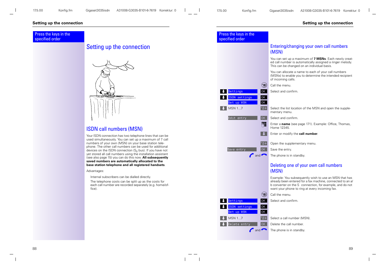 Setting up the connection, Isdn call numbers (msn), Entering/changing your own call numbers (msn) | Deleting one of your own call numbers (msn) | Siemens 3035isdn User Manual | Page 51 / 94