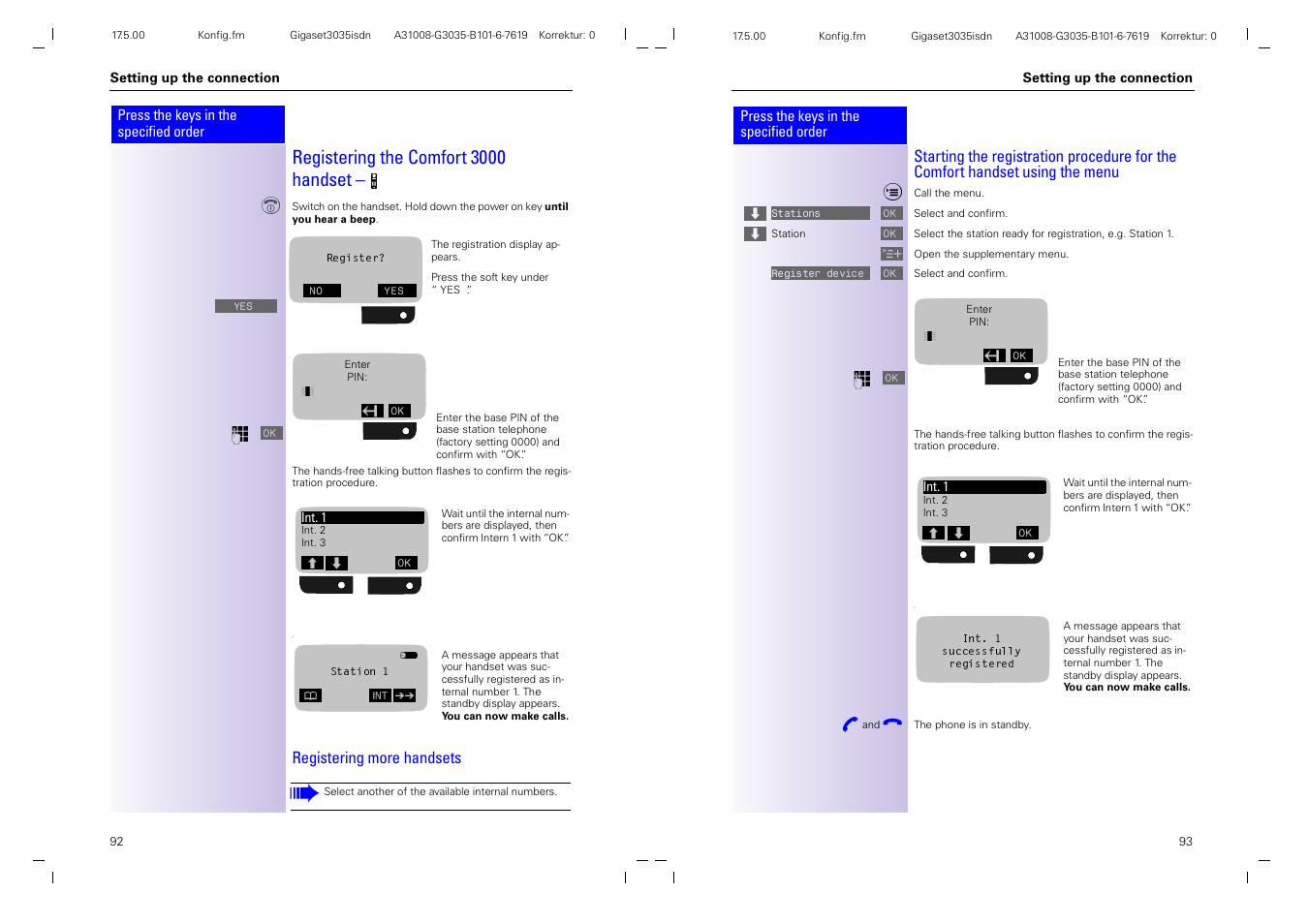 Registering the comfort 3000 handset | Siemens 3035isdn User Manual | Page 53 / 94