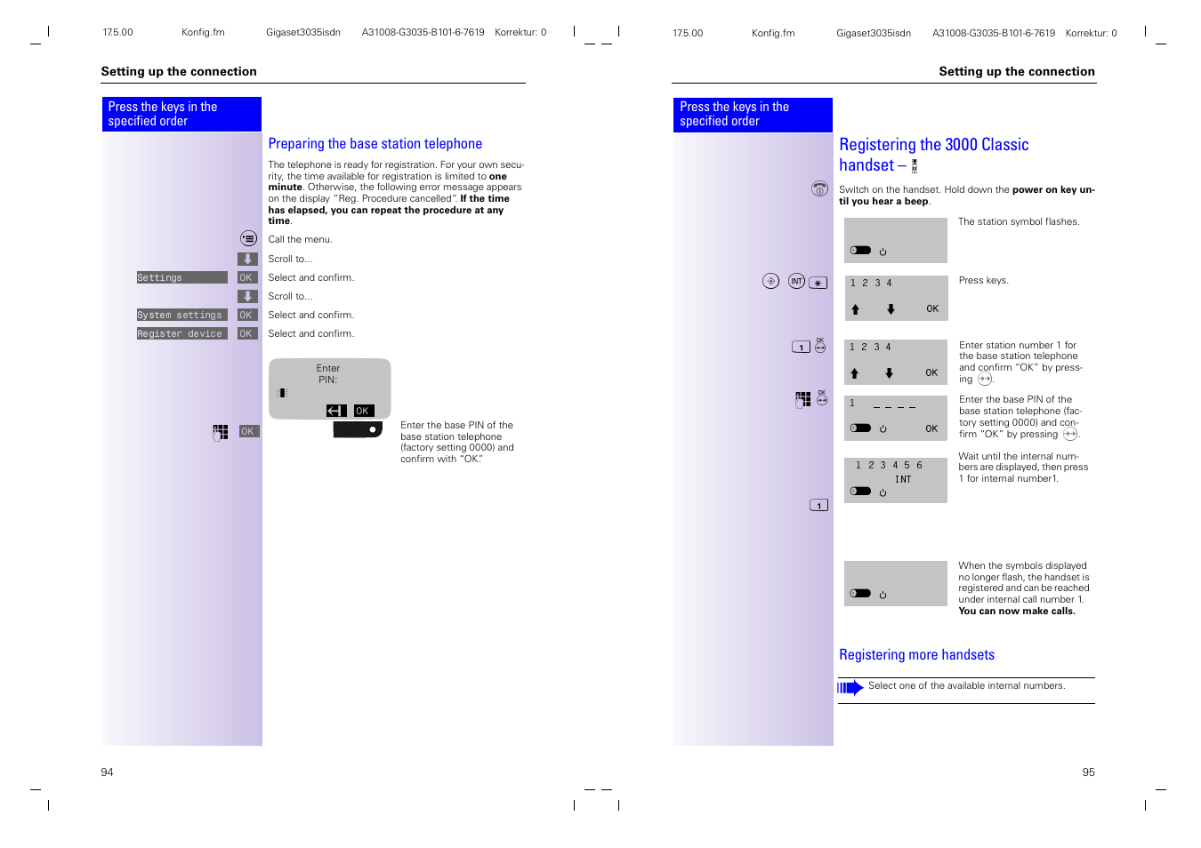 Registering the 3000 classic handset | Siemens 3035isdn User Manual | Page 54 / 94