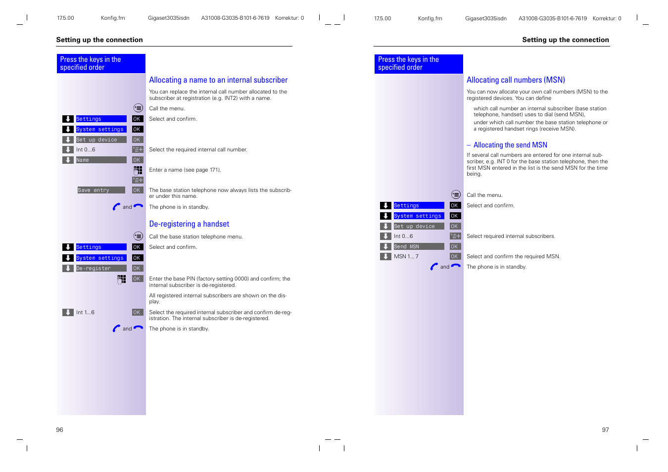 Allocating a name to an internal subscriber, De-registering a handset, Allocating call numbers (msn) | Siemens 3035isdn User Manual | Page 55 / 94