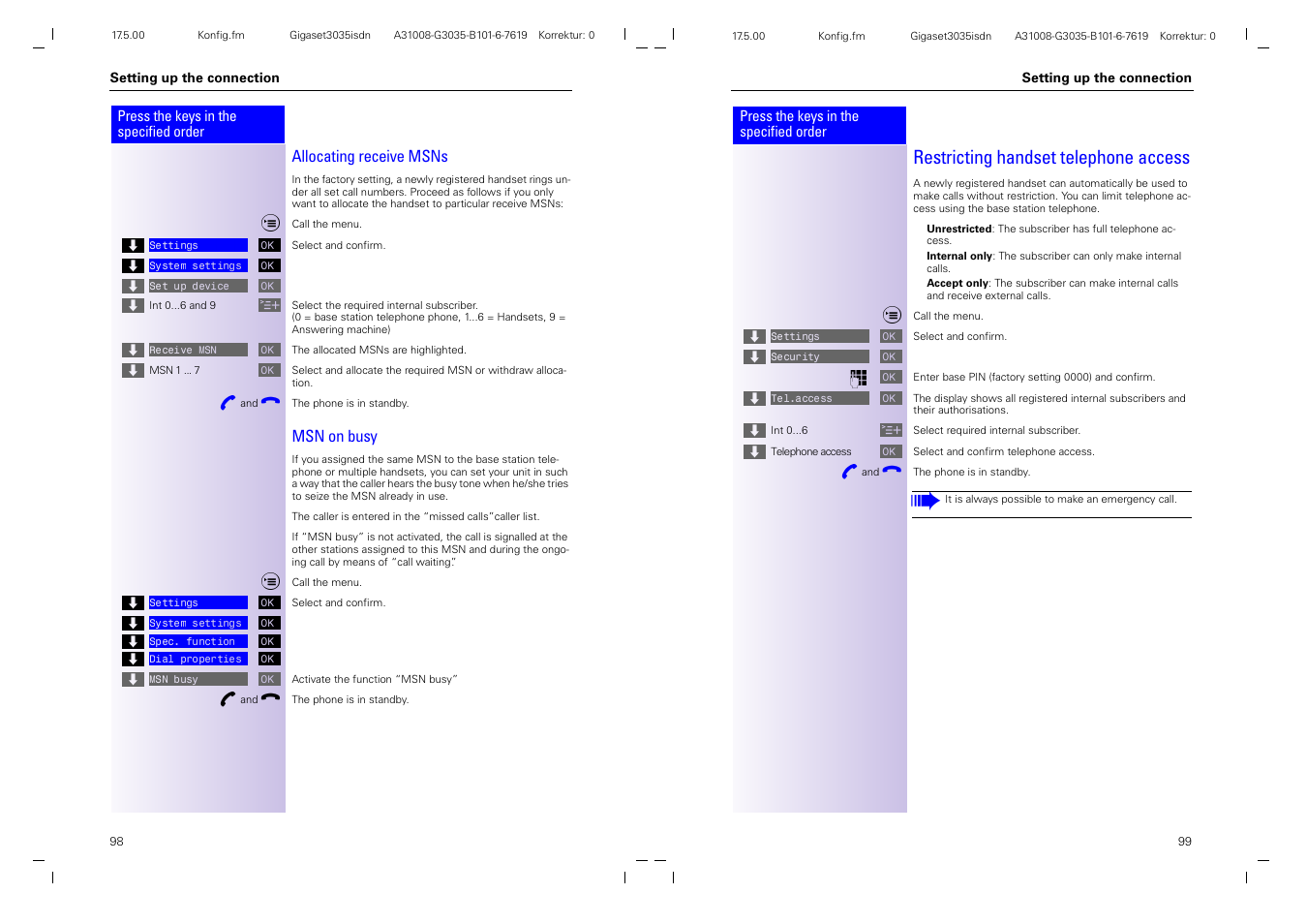 Restricting handset telephone access, Allocating receive msns, Msn on busy | Siemens 3035isdn User Manual | Page 56 / 94