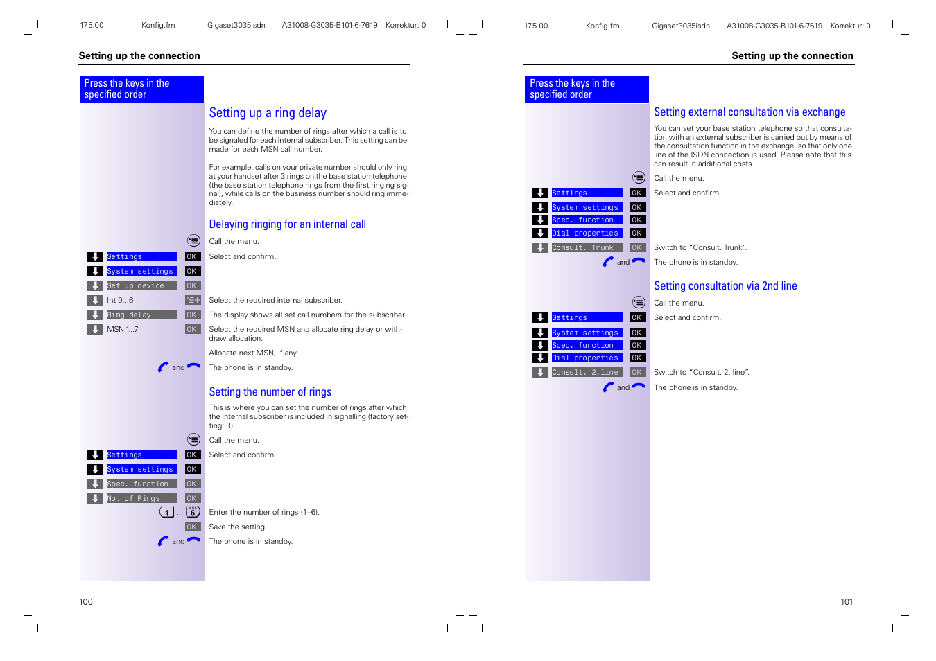 Setting up a ring delay, Delaying ringing for an internal call, Setting the number of rings | Setting external consultation via exchange, Setting consultation via 2nd line | Siemens 3035isdn User Manual | Page 57 / 94