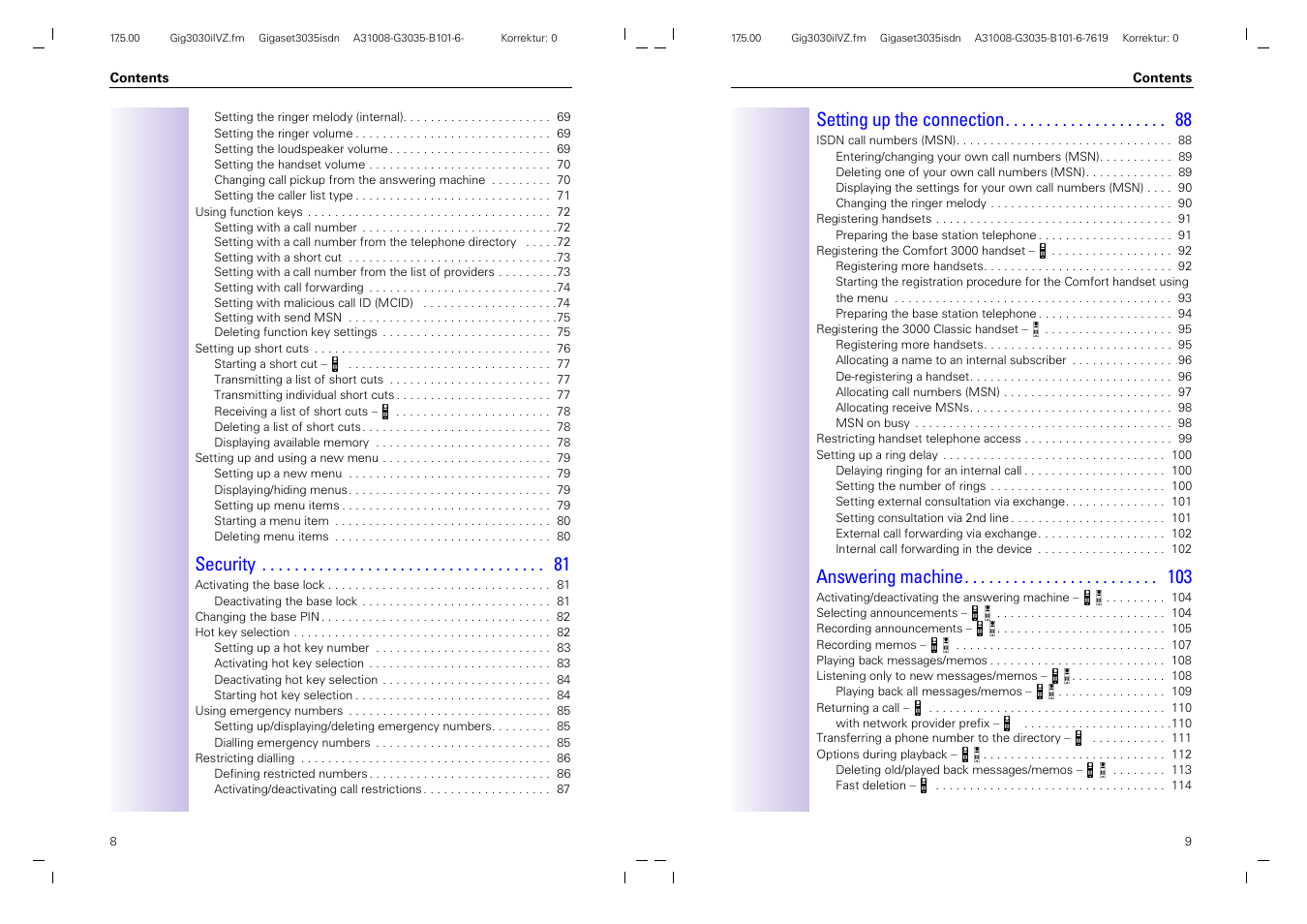 Security, Setting up the connection, Answering machine | Siemens 3035isdn User Manual | Page 6 / 94