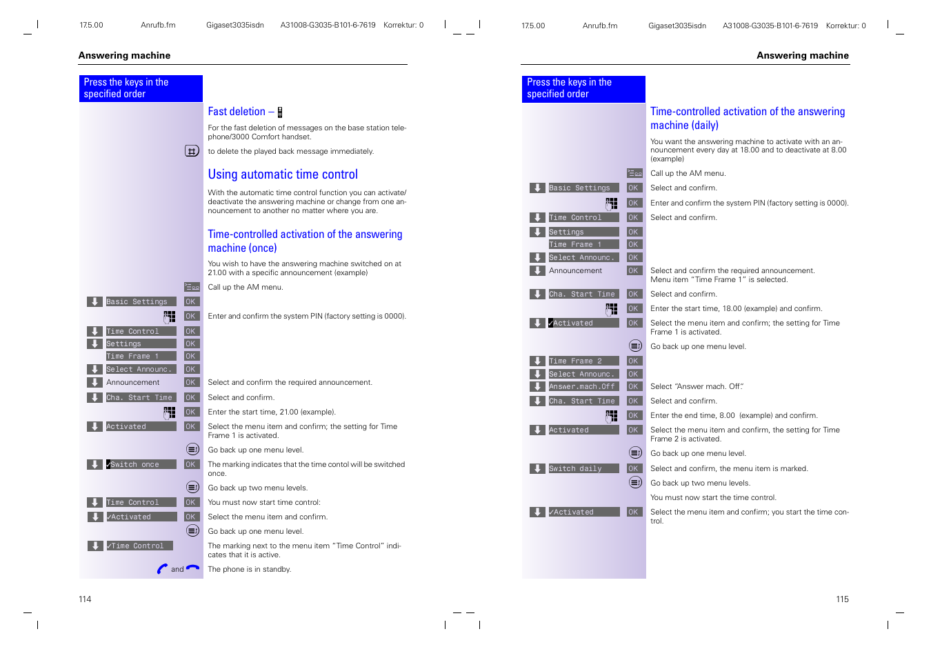 Using automatic time control, Fast deletion | Siemens 3035isdn User Manual | Page 65 / 94