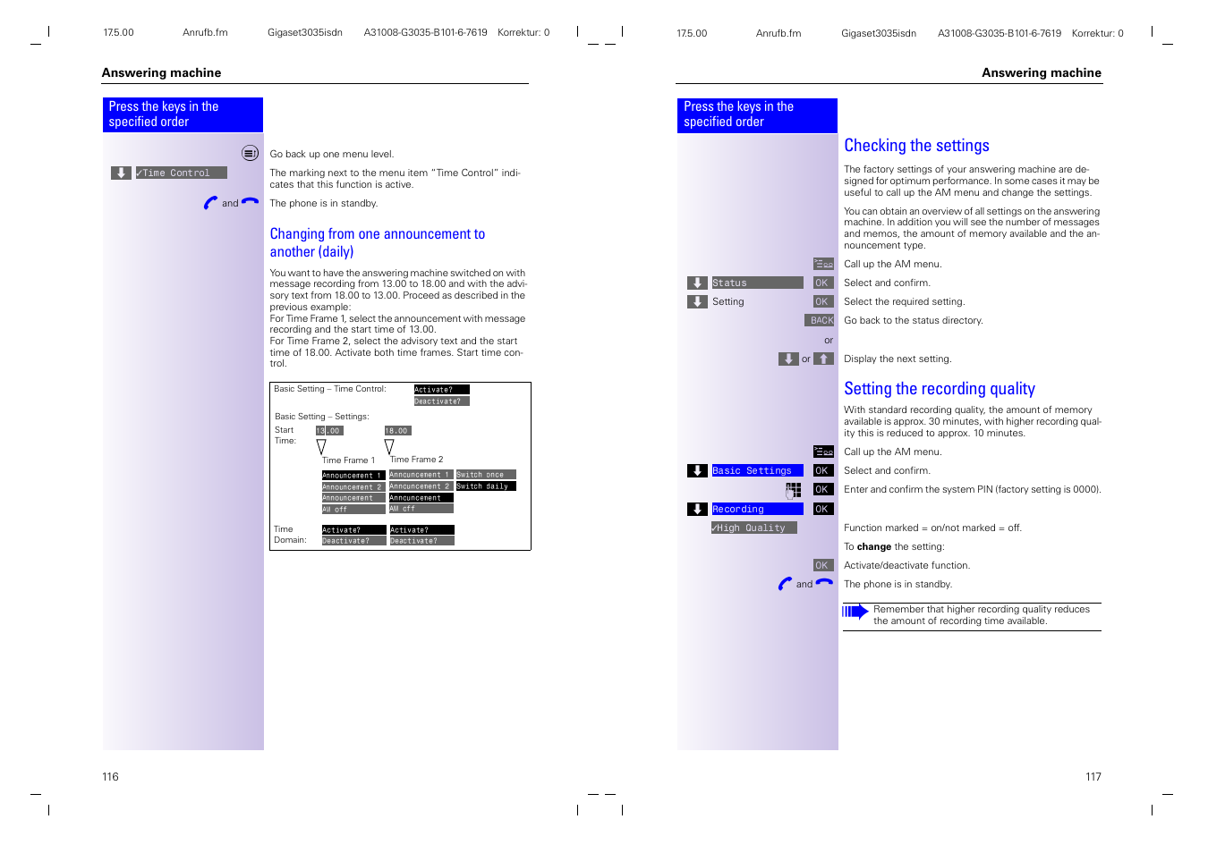 Checking the settings, Setting the recording quality, Changing from one announcement to another (daily) | Siemens 3035isdn User Manual | Page 66 / 94