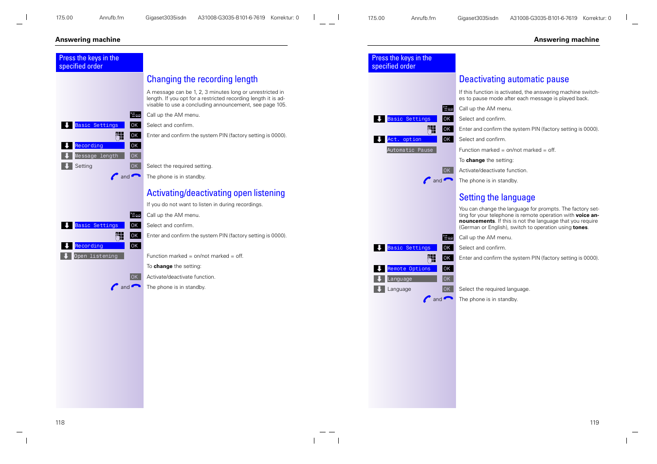 Changing the recording length, Activating/deactivating open listening, Deactivating automatic pause | Setting the language | Siemens 3035isdn User Manual | Page 67 / 94