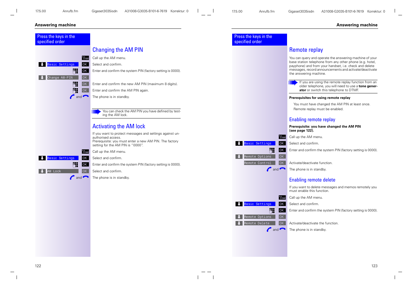 Changing the am pin, Activating the am lock, Remote replay | Siemens 3035isdn User Manual | Page 69 / 94