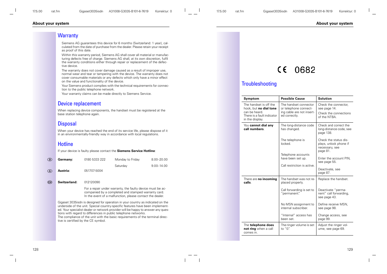 Warranty, Device replacement, Disposal | Hotline, Troubleshooting | Siemens 3035isdn User Manual | Page 73 / 94