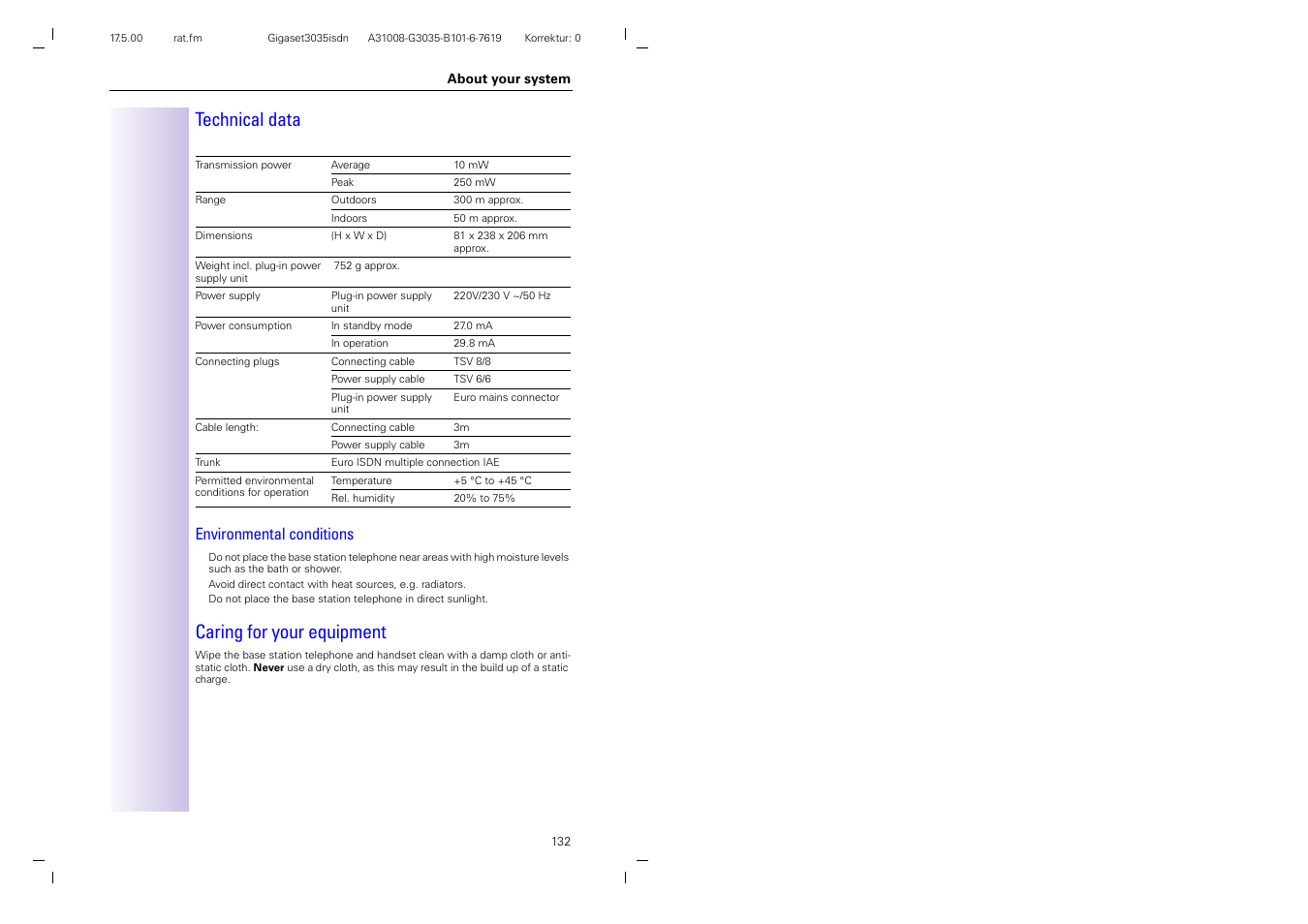 Technical data, Caring for your equipment, Environmental conditions | Siemens 3035isdn User Manual | Page 75 / 94