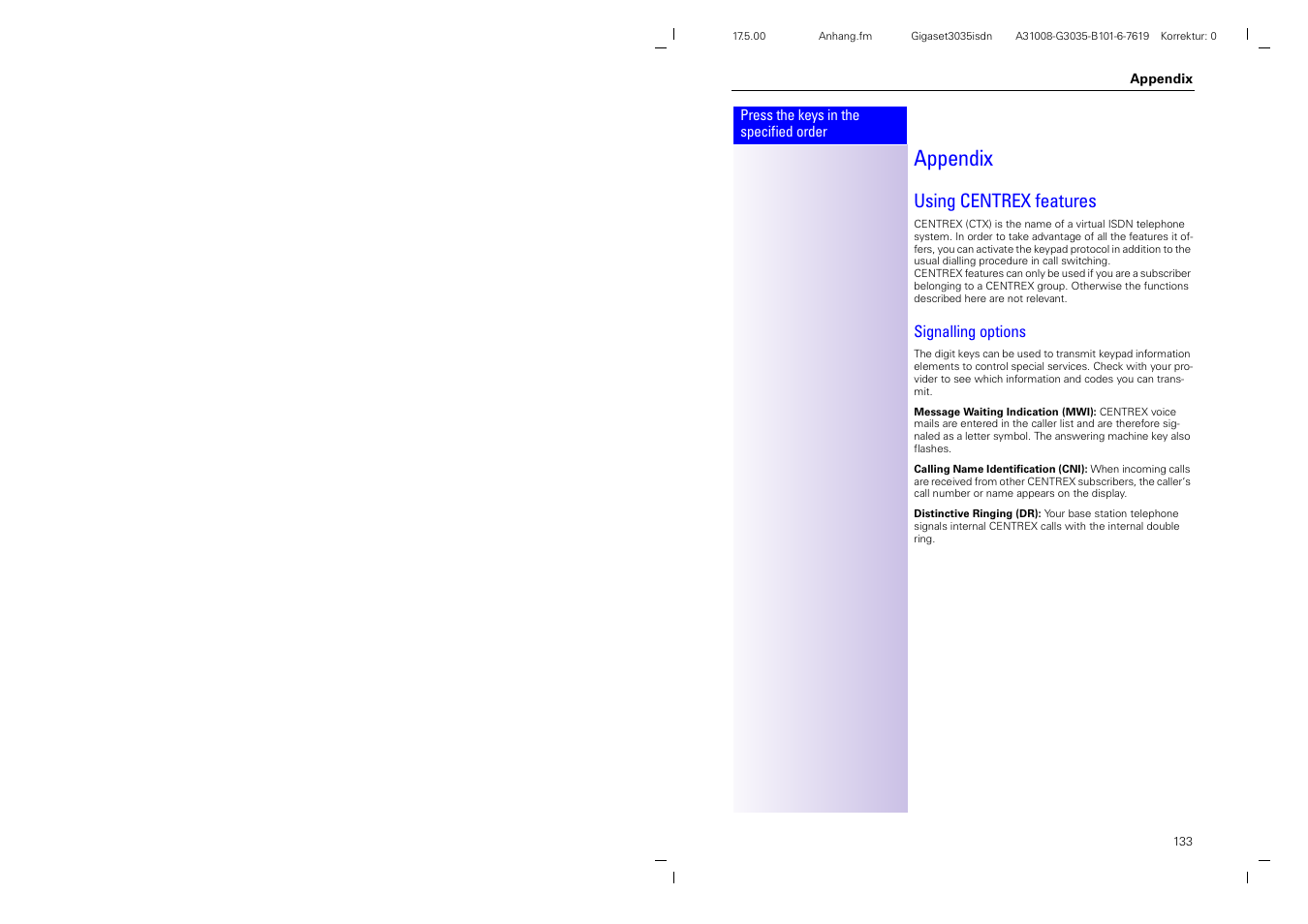 Appendix, Using centrex features | Siemens 3035isdn User Manual | Page 76 / 94