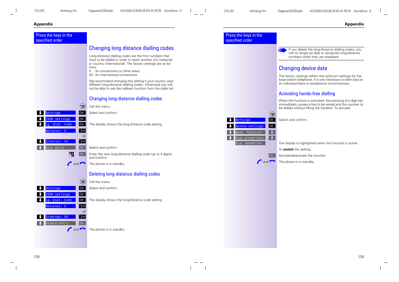 Changing long distance dialling codes, Changing device data | Siemens 3035isdn User Manual | Page 79 / 94