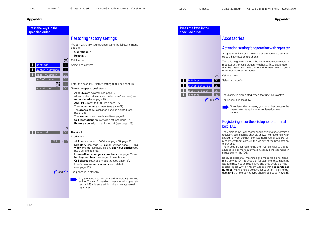 Restoring factory settings, Accessories, Activating setting for operation with repeater | Siemens 3035isdn User Manual | Page 80 / 94