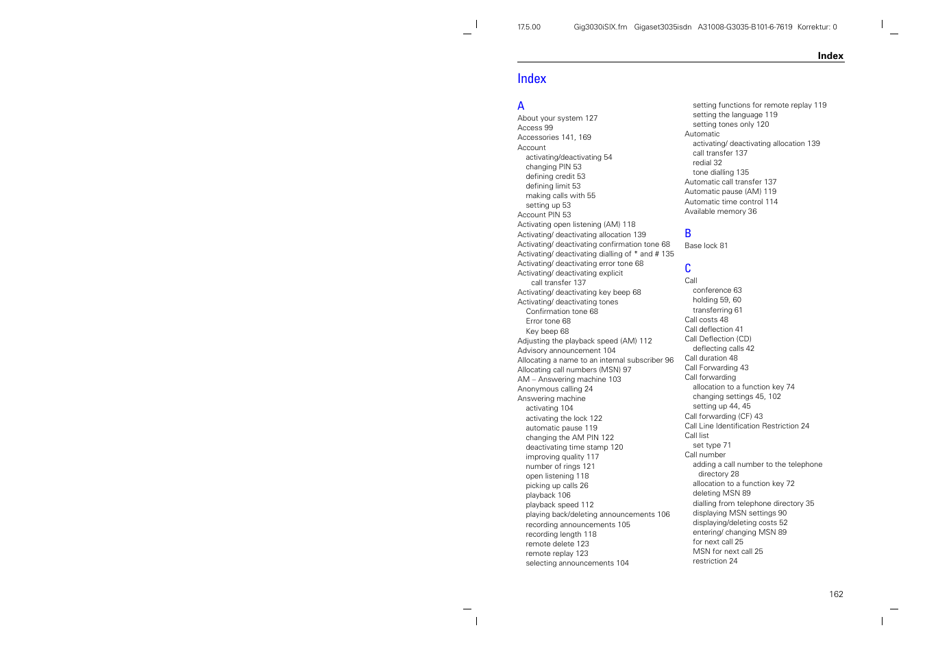 Index | Siemens 3035isdn User Manual | Page 88 / 94