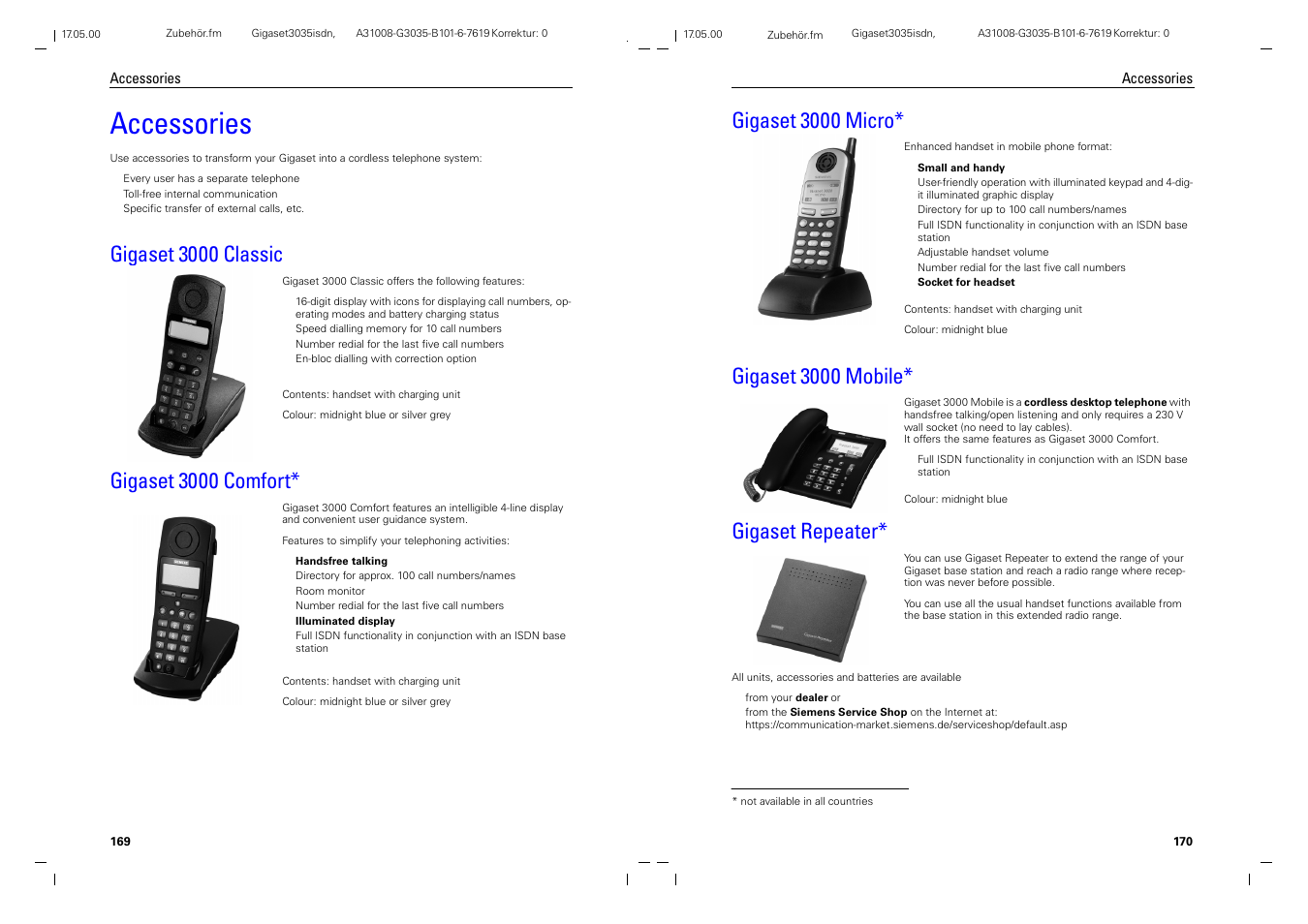 Accessories, Gigaset 3000 classic, Gigaset 3000 comfort | Gigaset 3000 micro, Gigaset 3000 mobile, Gigaset repeater | Siemens 3035isdn User Manual | Page 92 / 94