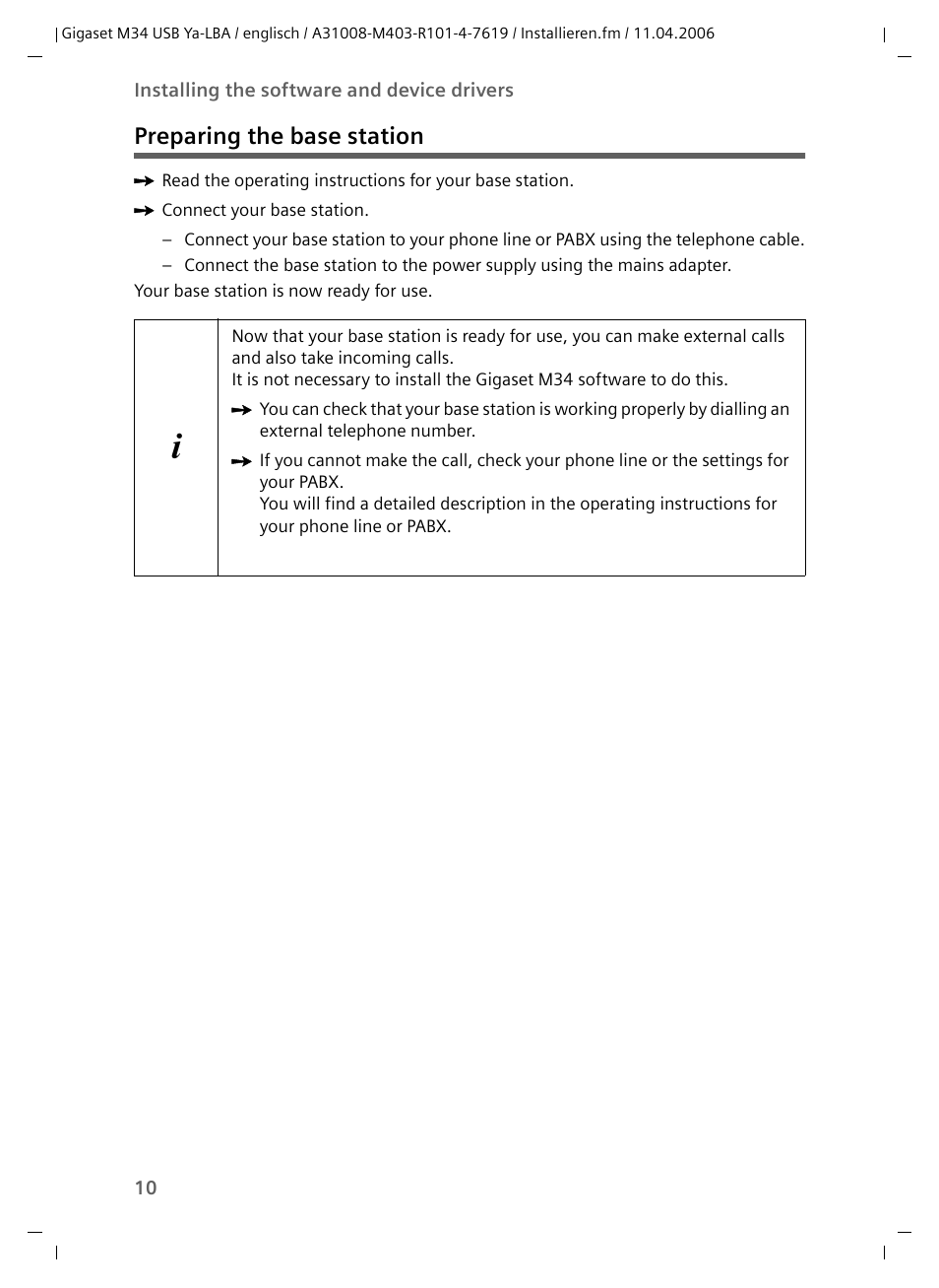 Preparing the base station | Siemens M34 User Manual | Page 10 / 41