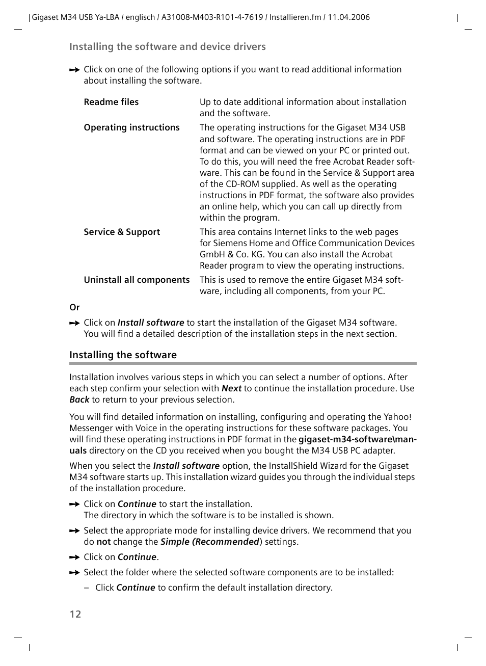 Installing the software | Siemens M34 User Manual | Page 12 / 41