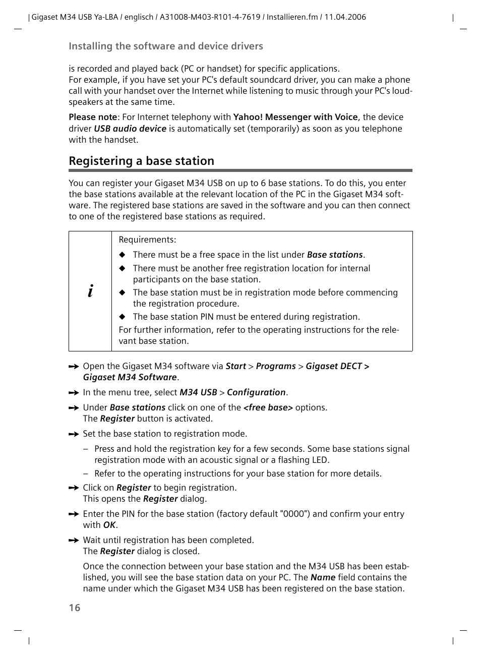 Registering a base station | Siemens M34 User Manual | Page 16 / 41