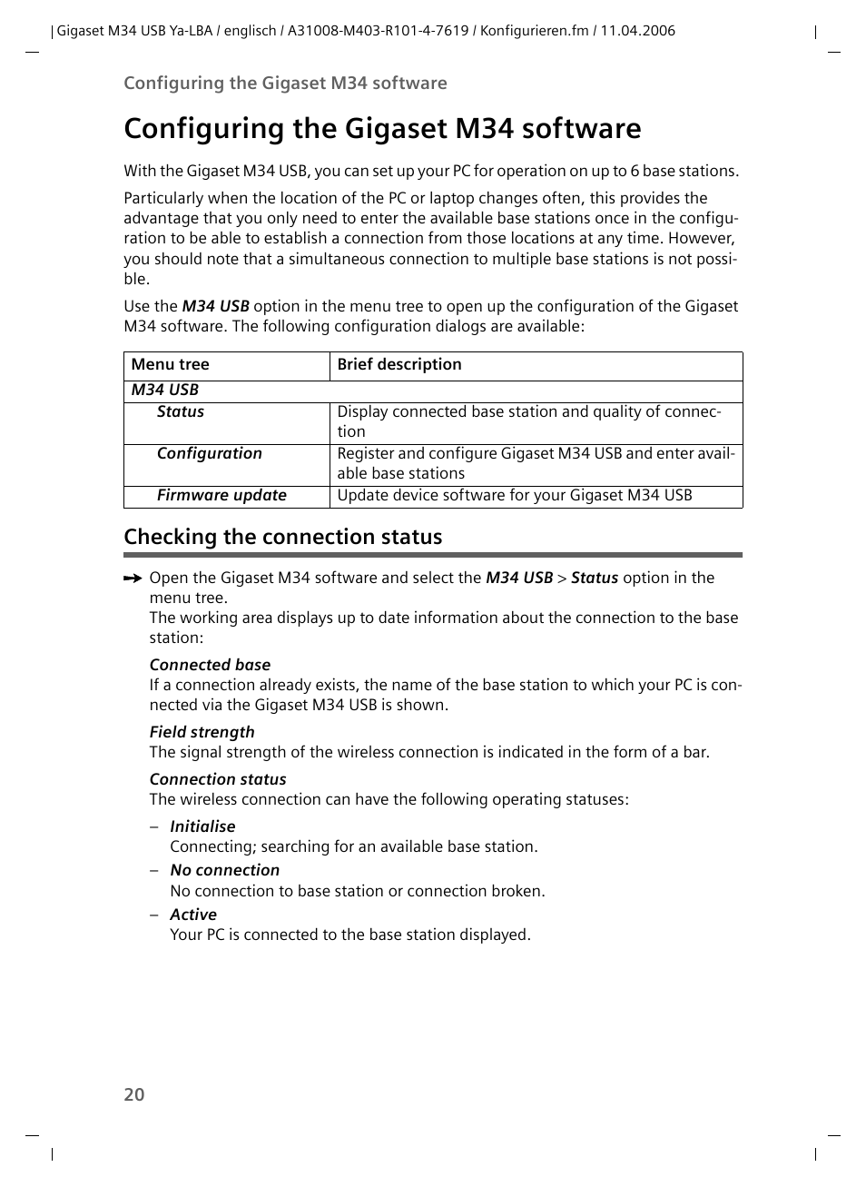 Configuring the gigaset m34 software, Checking the connection status | Siemens M34 User Manual | Page 20 / 41