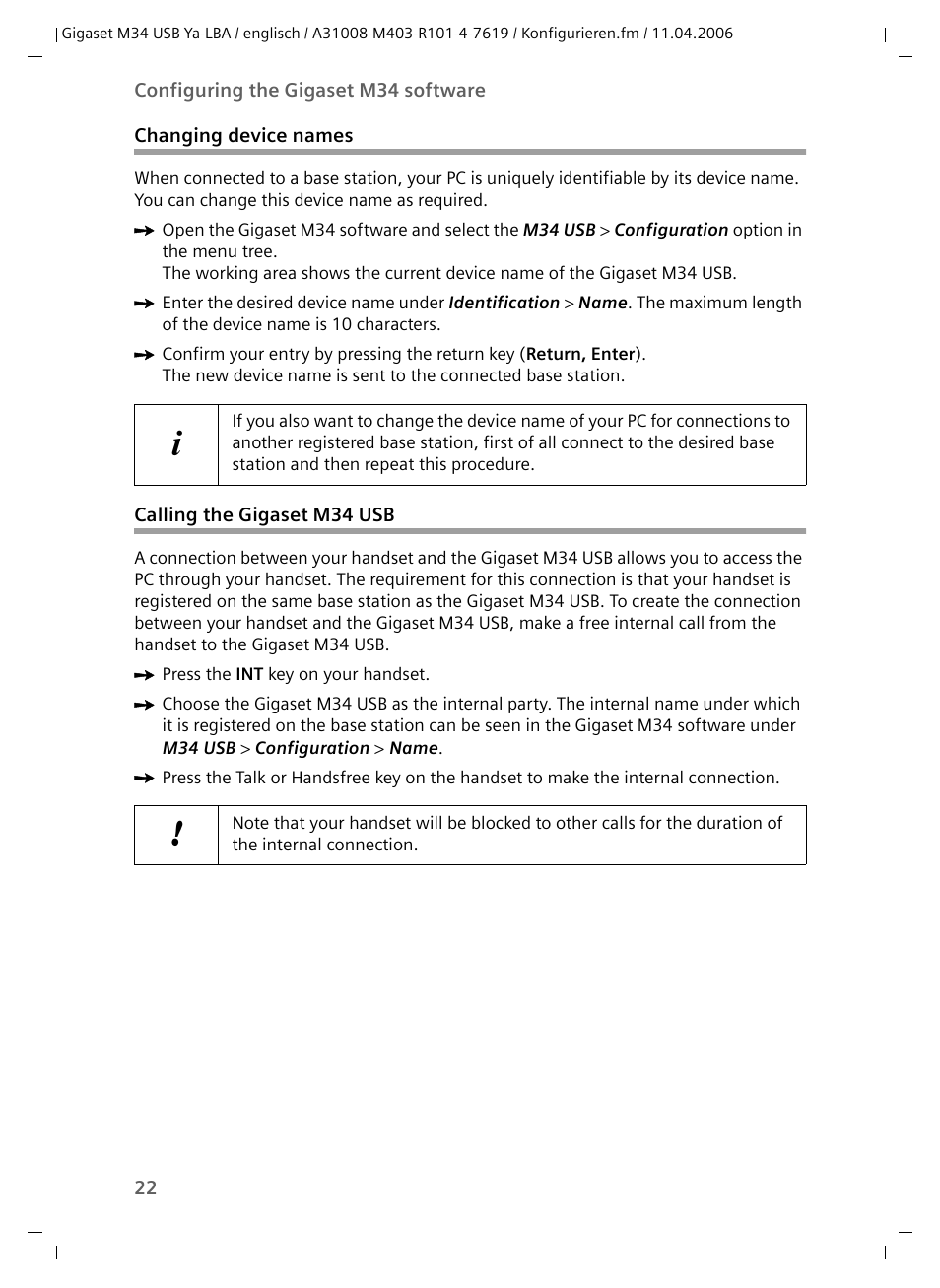 Changing device names, Calling the gigaset m34 usb, Changing device names calling the gigaset m34 usb | Siemens M34 User Manual | Page 22 / 41