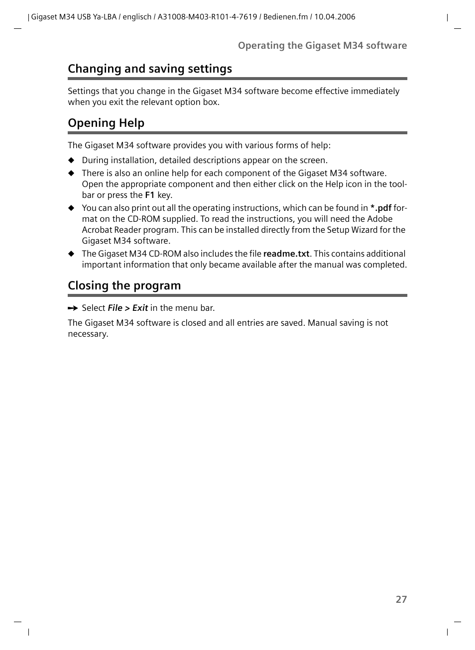 Changing and saving settings, Opening help, Closing the program | Siemens M34 User Manual | Page 27 / 41