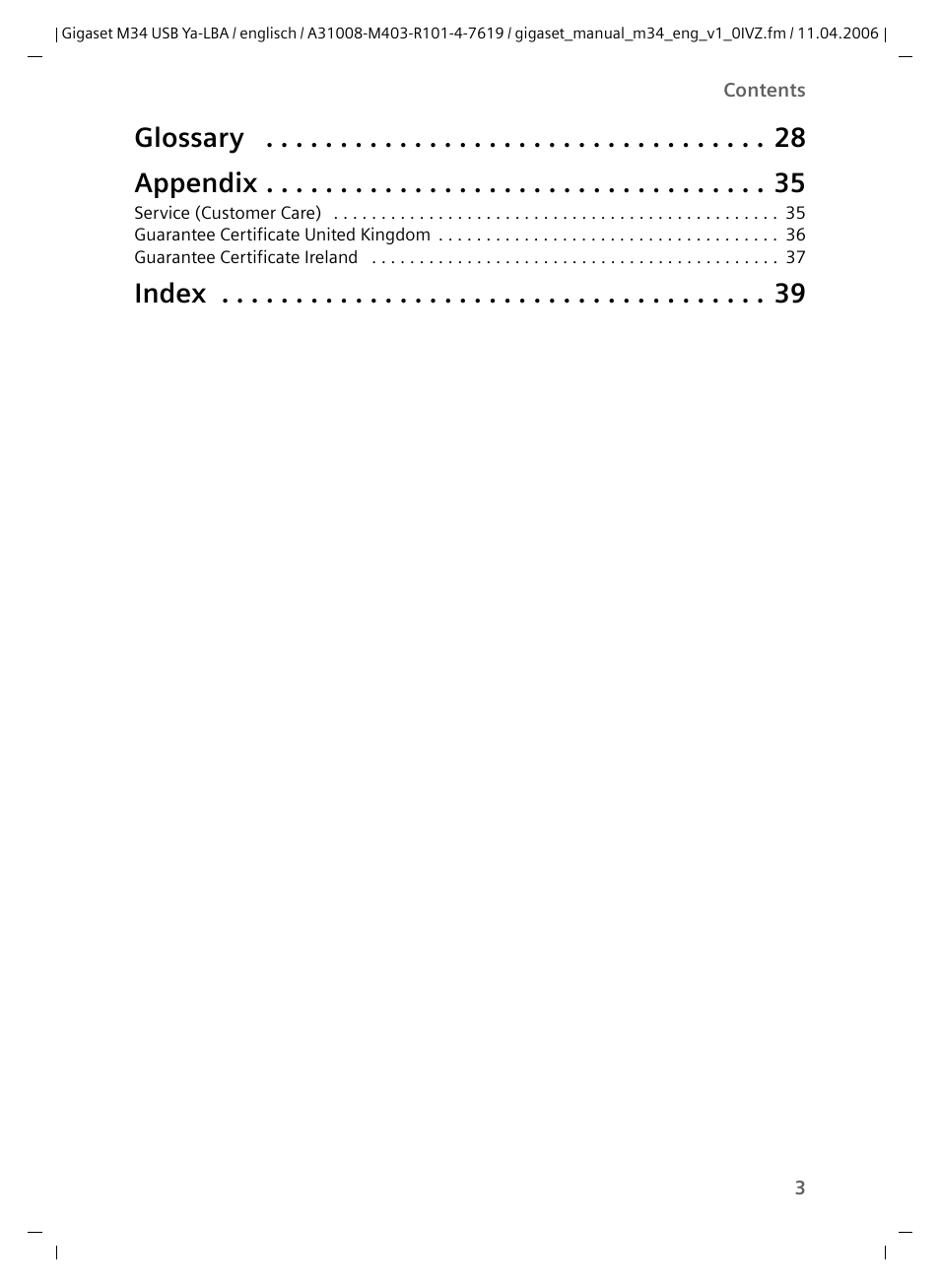 Glossary appendix, Index | Siemens M34 User Manual | Page 3 / 41