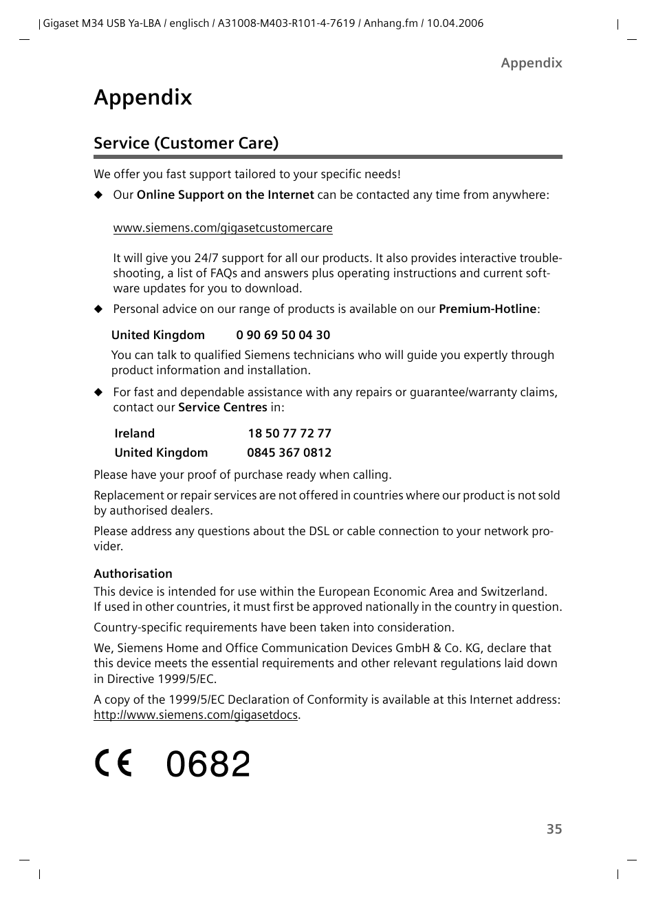 Appendix, Service (customer care) | Siemens M34 User Manual | Page 35 / 41