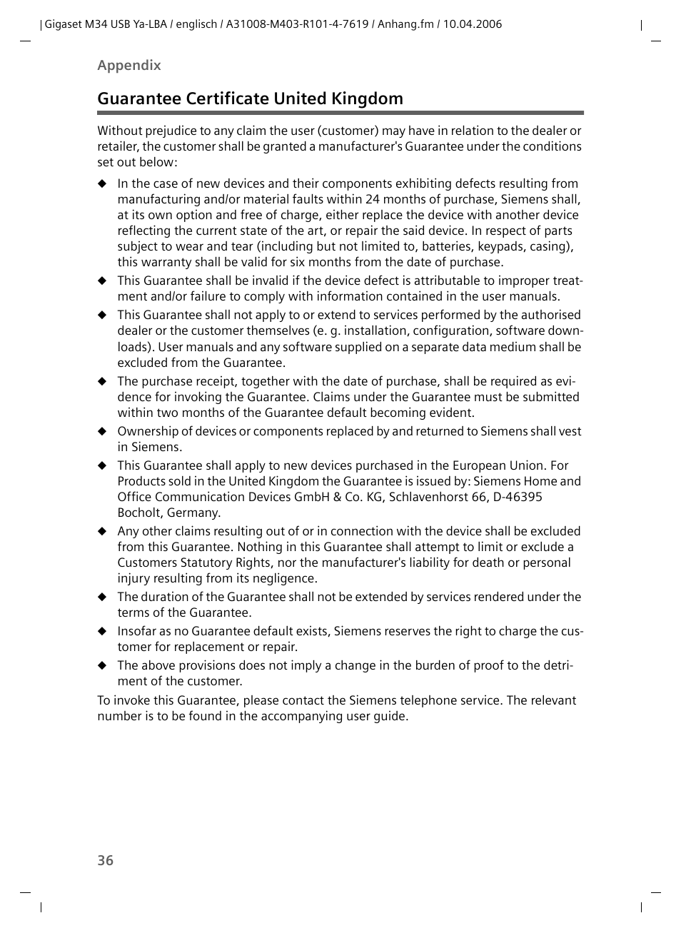 Guarantee certificate united kingdom | Siemens M34 User Manual | Page 36 / 41
