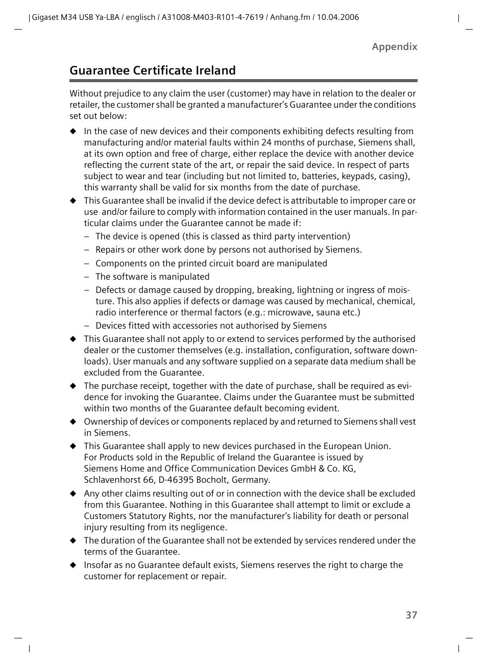 Guarantee certificate ireland | Siemens M34 User Manual | Page 37 / 41