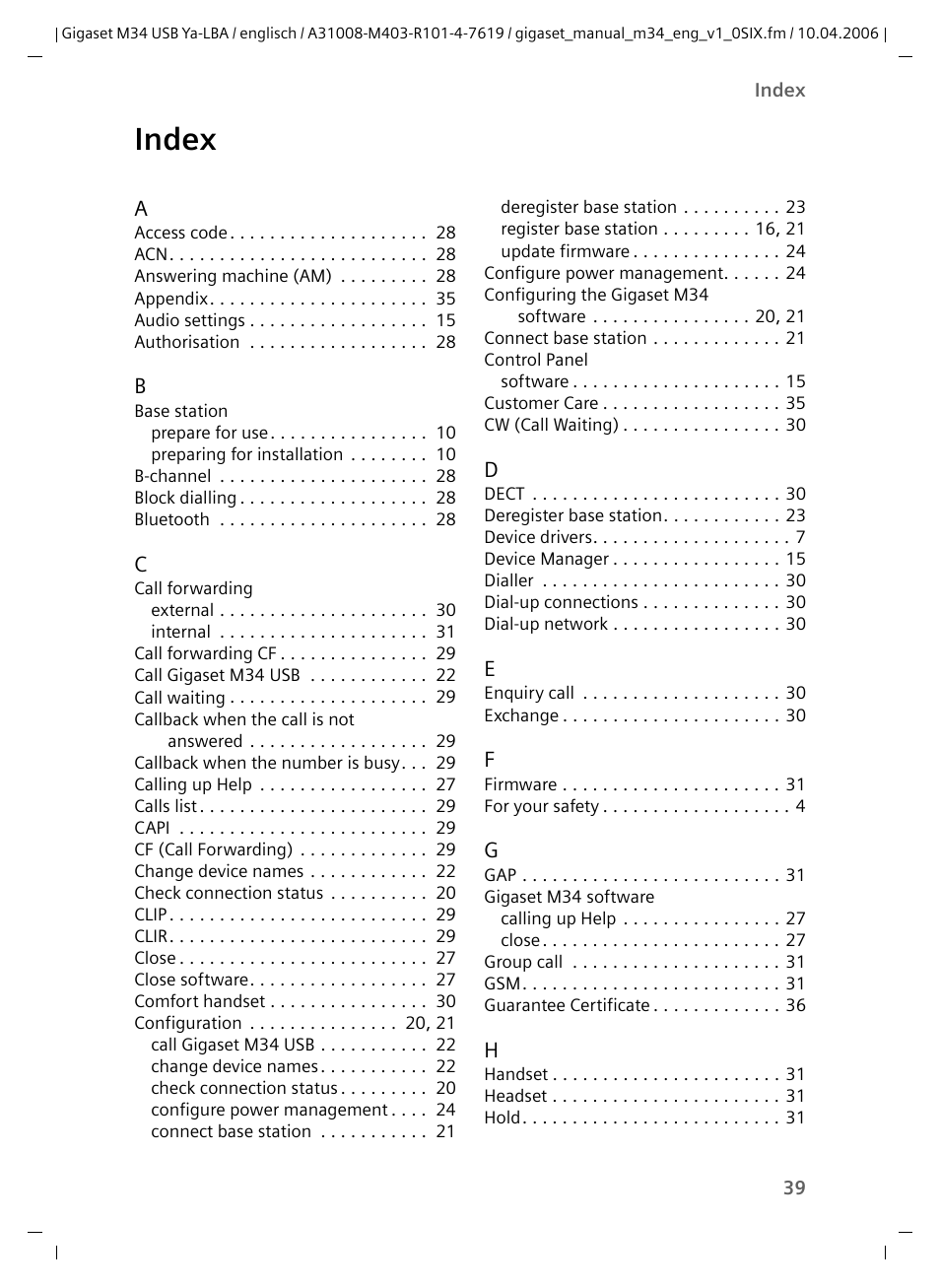 Index | Siemens M34 User Manual | Page 39 / 41