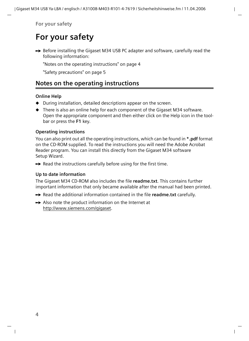 For your safety, Notes on the operating instructions | Siemens M34 User Manual | Page 4 / 41