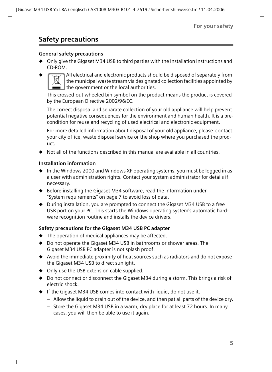 Safety precautions | Siemens M34 User Manual | Page 5 / 41