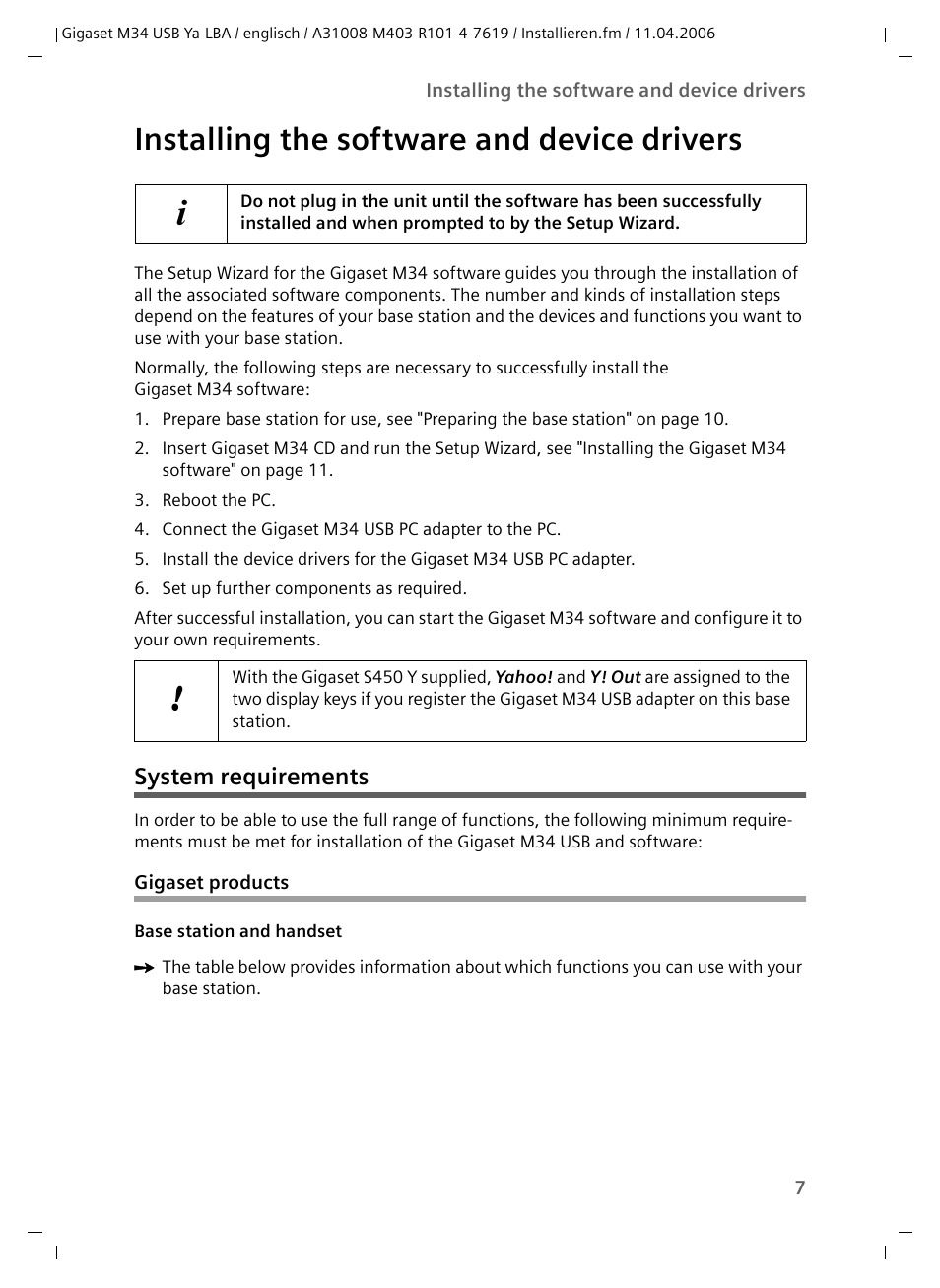 Installing the software and device drivers, System requirements, Gigaset products | Siemens M34 User Manual | Page 7 / 41