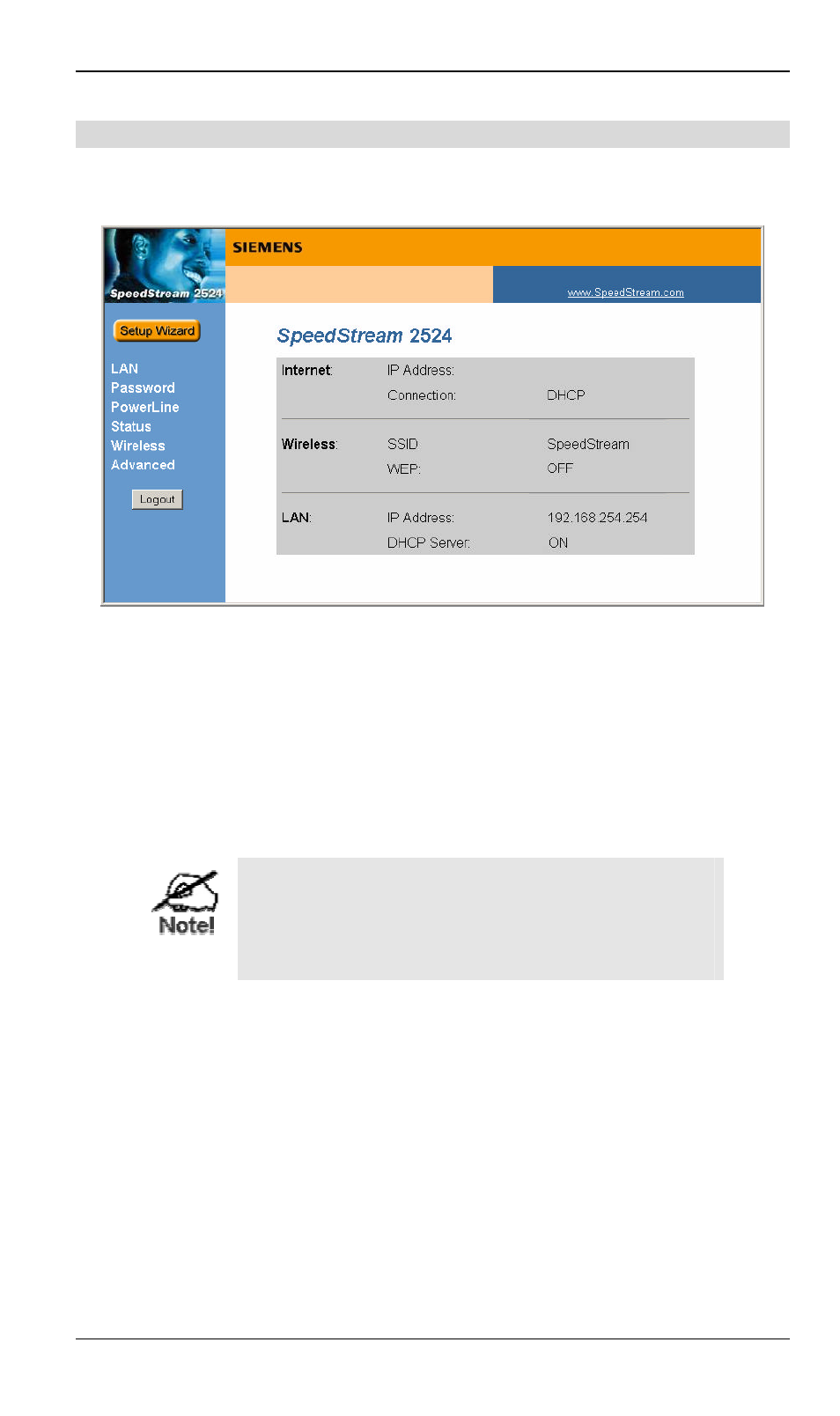 Home screen | Siemens SpeedStream SS2524 User Manual | Page 19 / 90