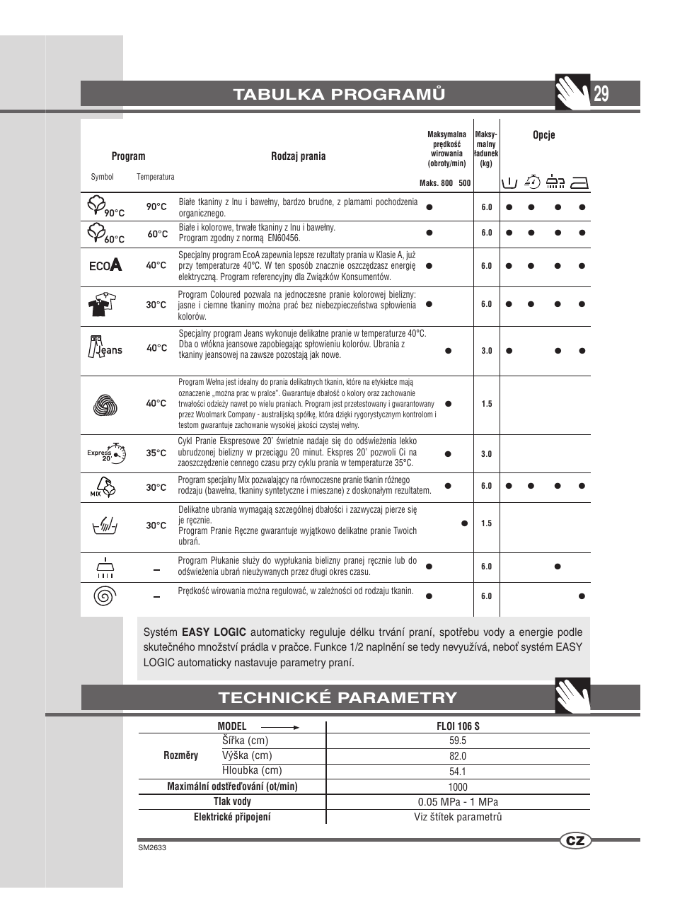 Tabulka programů, Technické parametry | Ardo FLOI106S User Manual | Page 29 / 52