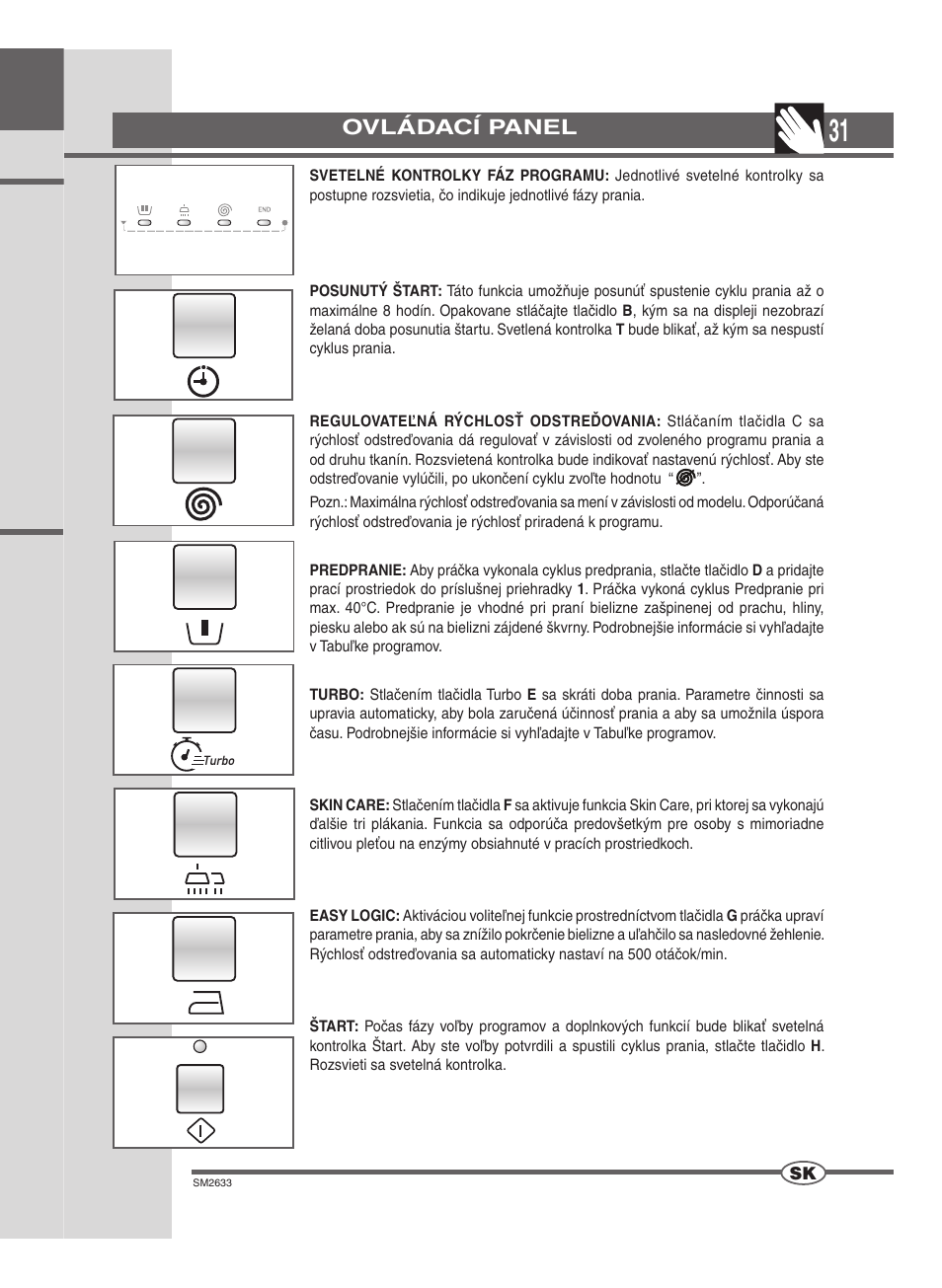 Ovládací panel | Ardo FLOI106S User Manual | Page 31 / 52
