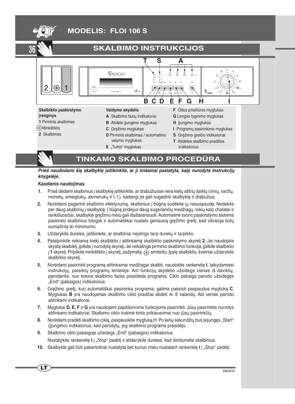 Skalbimo instrukcijos | Ardo FLOI106S User Manual | Page 36 / 52