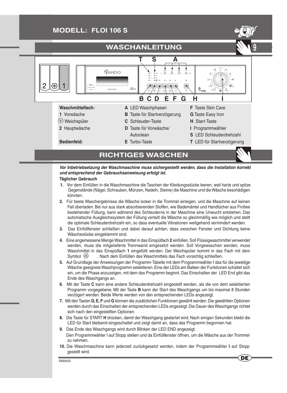 Waschanleitung, Modell: floi 106 s richtiges waschen | Ardo FLOI106S User Manual | Page 9 / 52