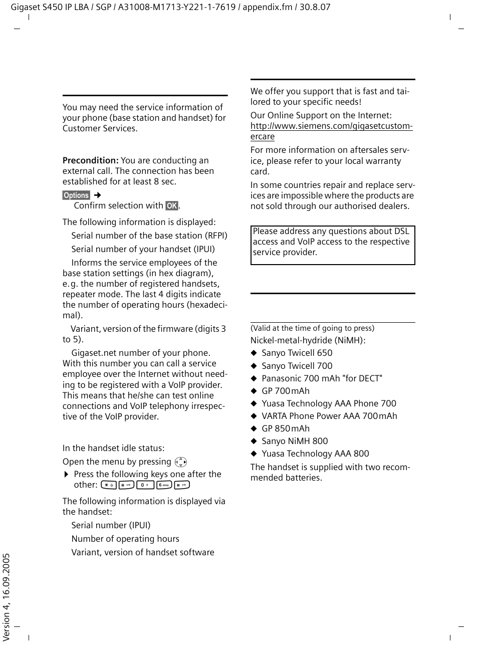 Searching for service information, Service (customer care), Specifications | Recommended batteries | Siemens Gigaset S450 IP User Manual | Page 100 / 131