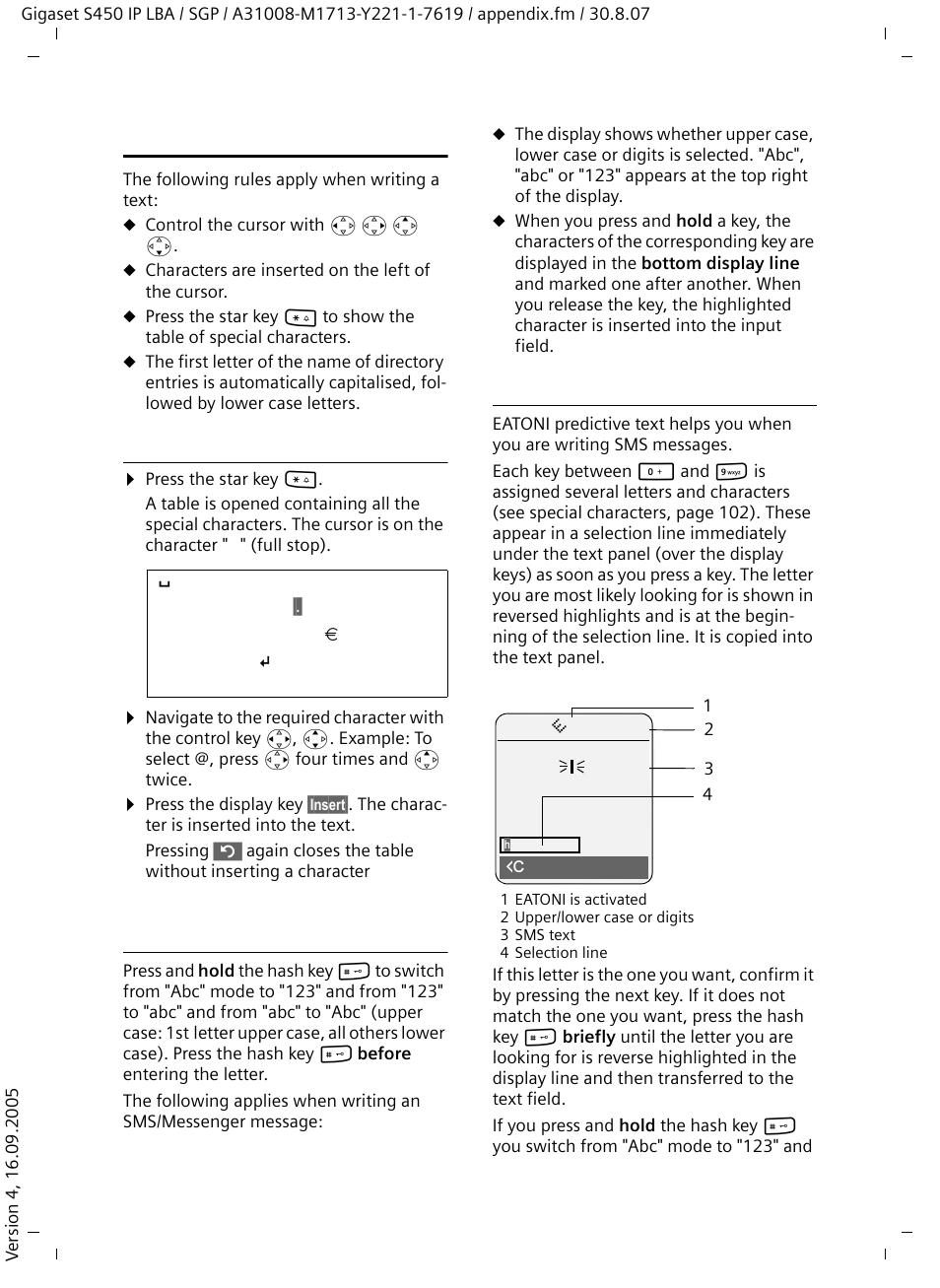 Writing and editing text, Entering special characters, Writing a text/name (without predictive text) | Writing sms (with predictive text), Xt, see | Siemens Gigaset S450 IP User Manual | Page 103 / 131