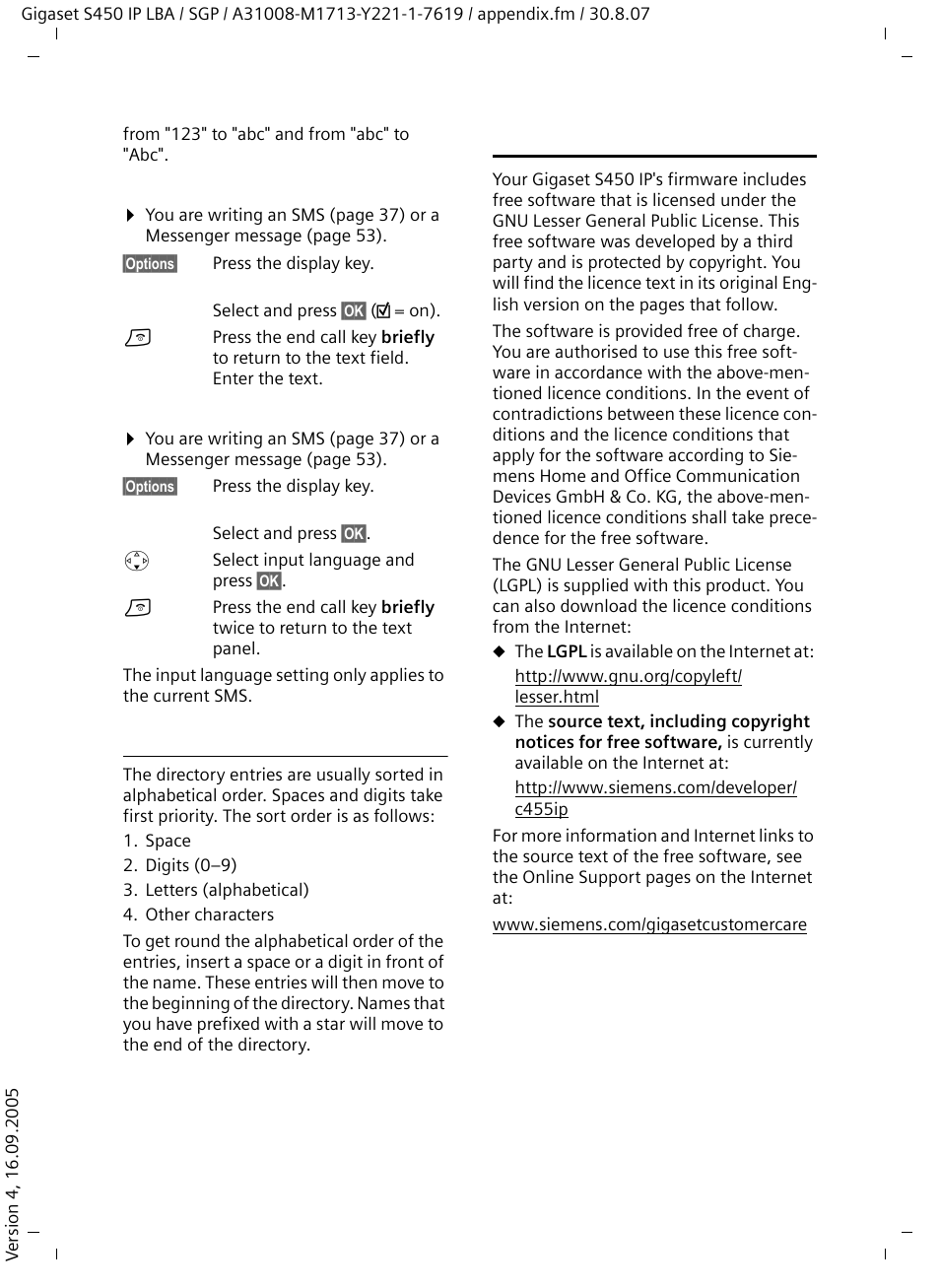 Order of directory entries, Gigaset s450 ip - free software, Gigaset s450 ip – free software | Siemens Gigaset S450 IP User Manual | Page 104 / 131