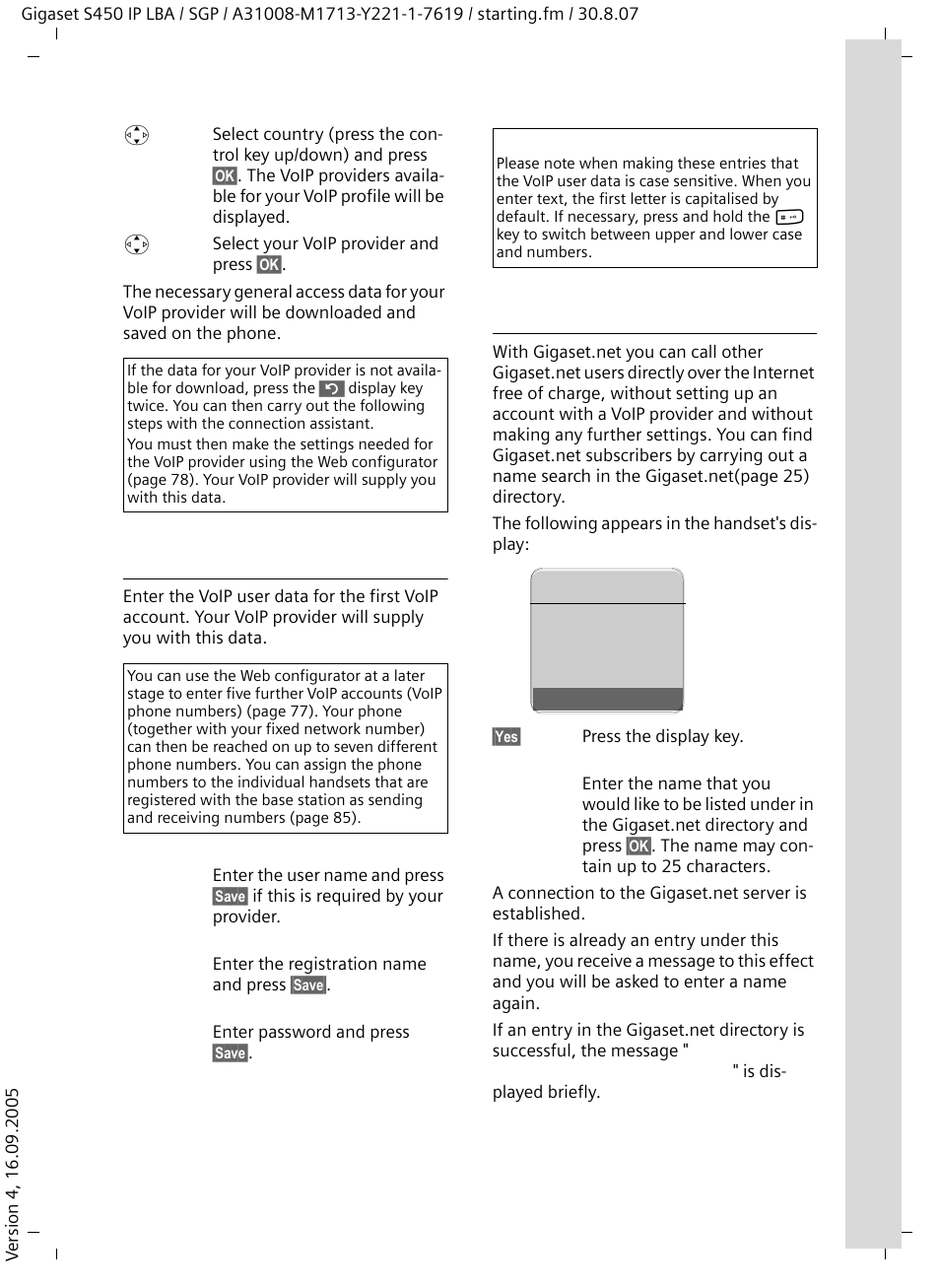 Entering user data for your first voip account, Entering your name in the gigaset.net directory | Siemens Gigaset S450 IP User Manual | Page 14 / 131