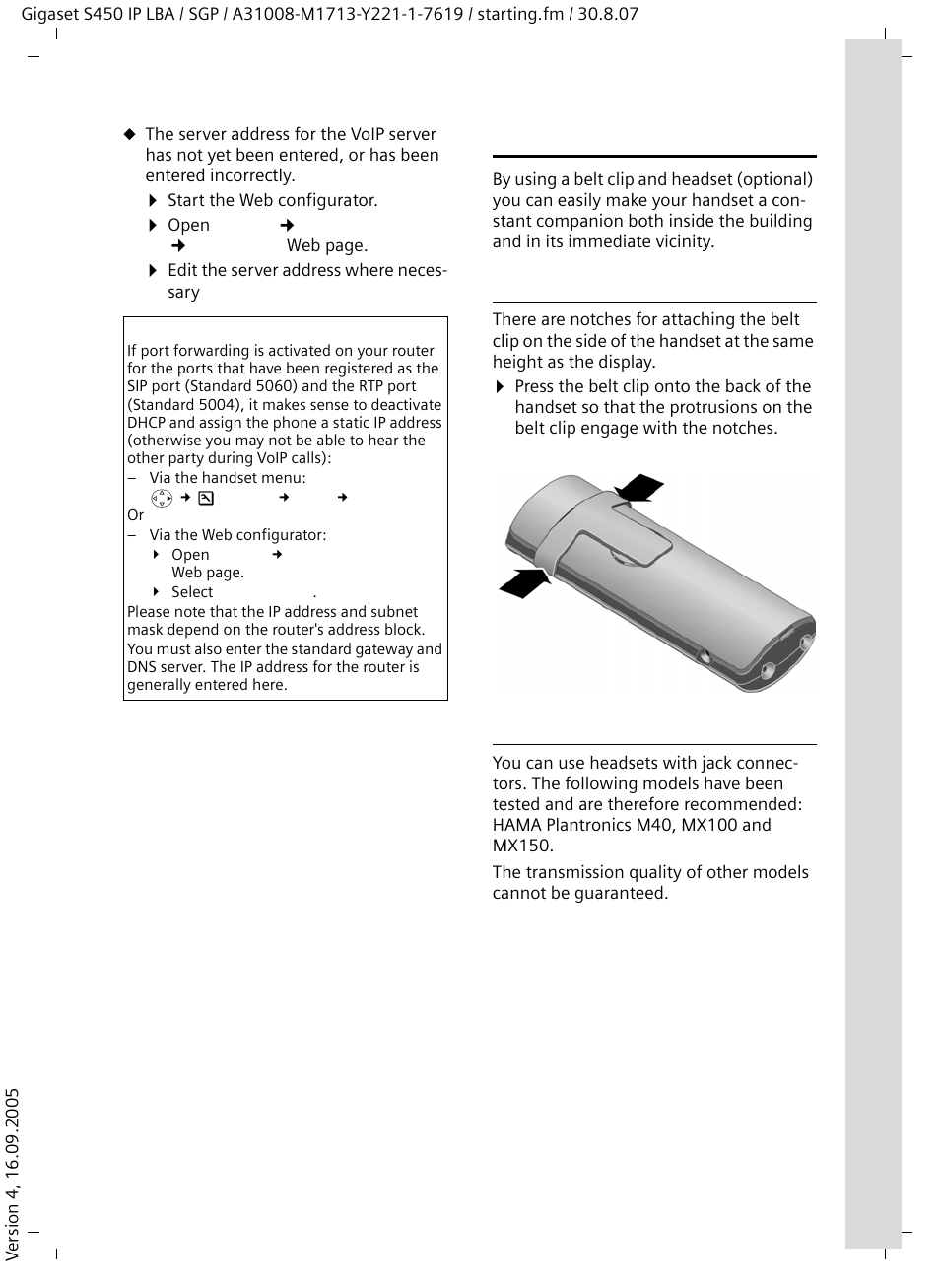 Belt clip and headset, Attaching the belt clip, Connection socket for headset | Siemens Gigaset S450 IP User Manual | Page 16 / 131