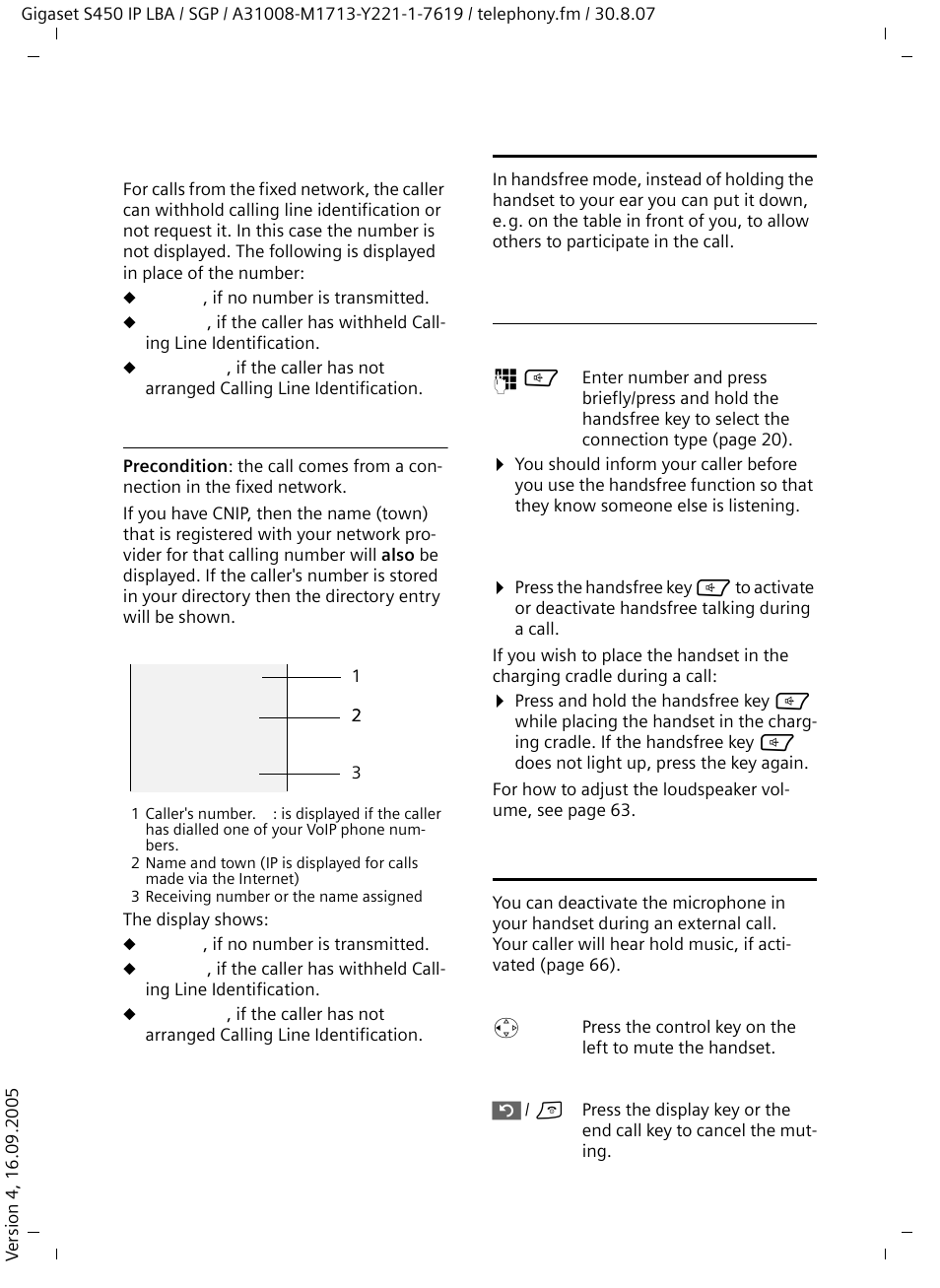 Display with cnip, Handsfree talking, Activating/deactivating handsfree mode | Muting the handset, Handsfree talking muting the handset | Siemens Gigaset S450 IP User Manual | Page 23 / 131