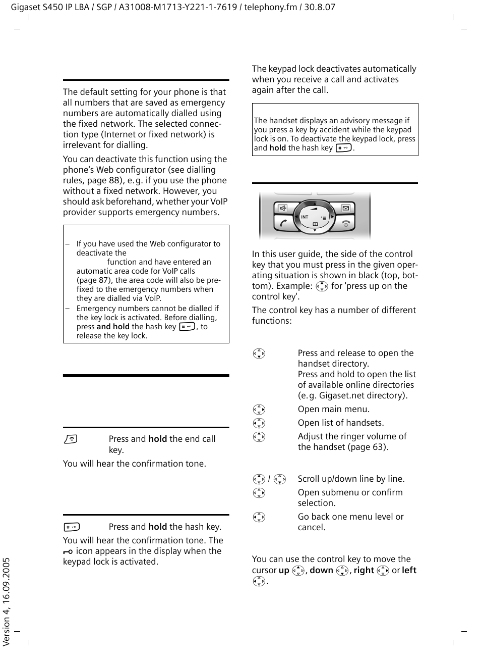 Dialling the emergency number, Operating the handset, Activating/deactivating the handset | Activating/deactivating the keypad lock, Control key | Siemens Gigaset S450 IP User Manual | Page 24 / 131