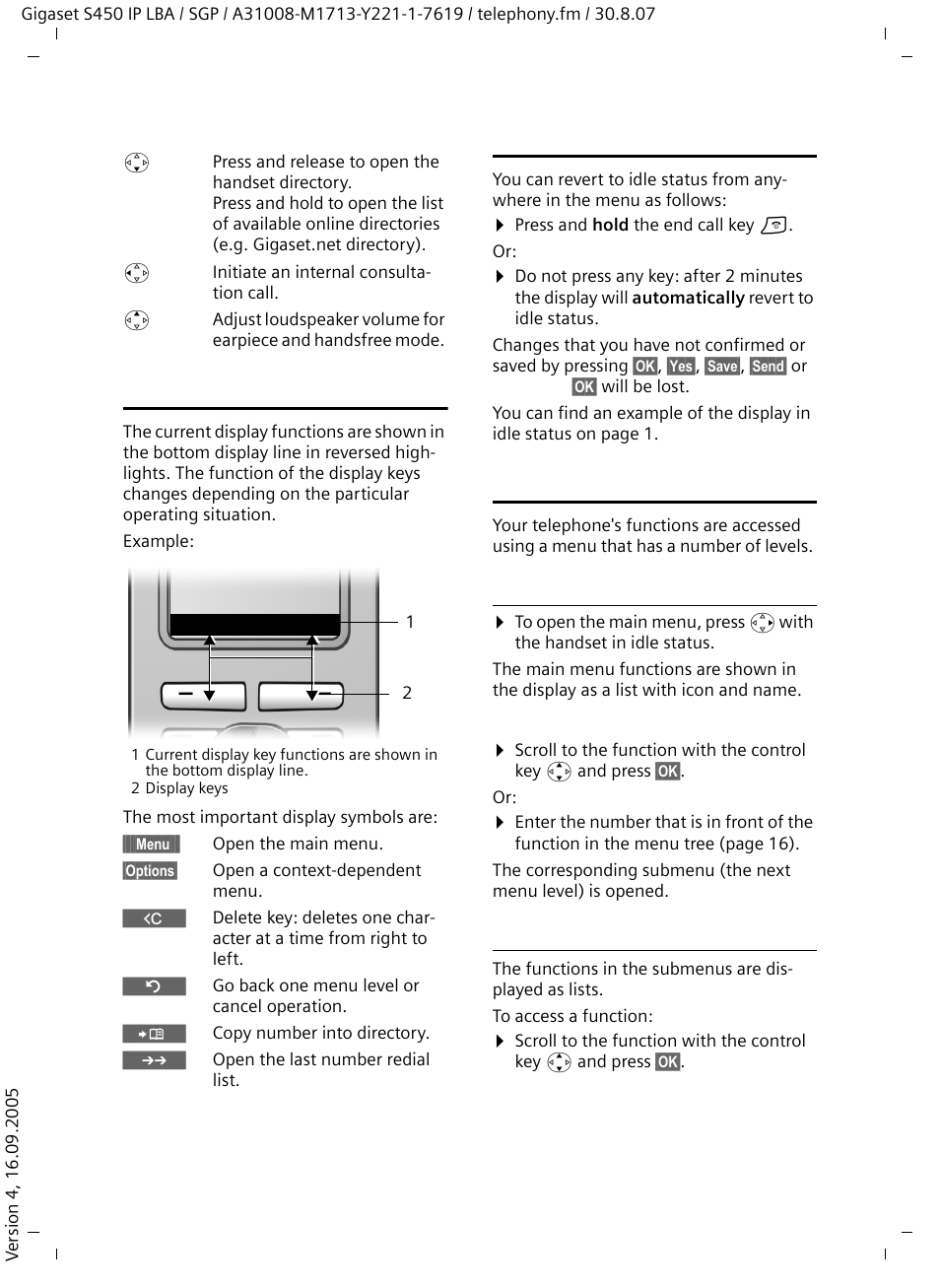 Display keys, Reverting to idle status, Menu guidance | Main menu (first menu level), Submenus | Siemens Gigaset S450 IP User Manual | Page 25 / 131