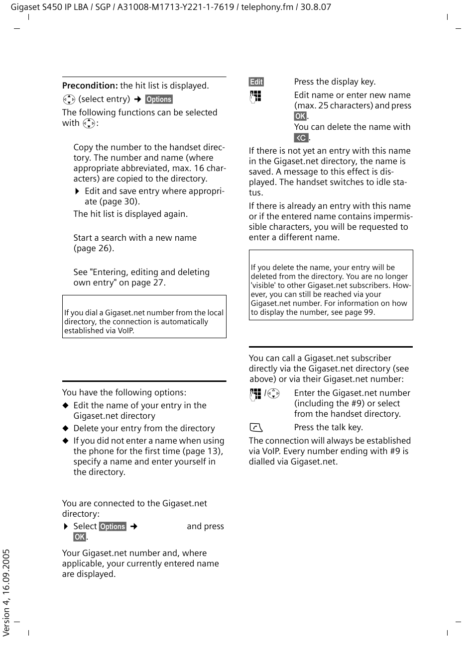Using other functions, Entering, editing and deleting own entry, Calling a gigaset.net subscriber | E 27) | Siemens Gigaset S450 IP User Manual | Page 28 / 131