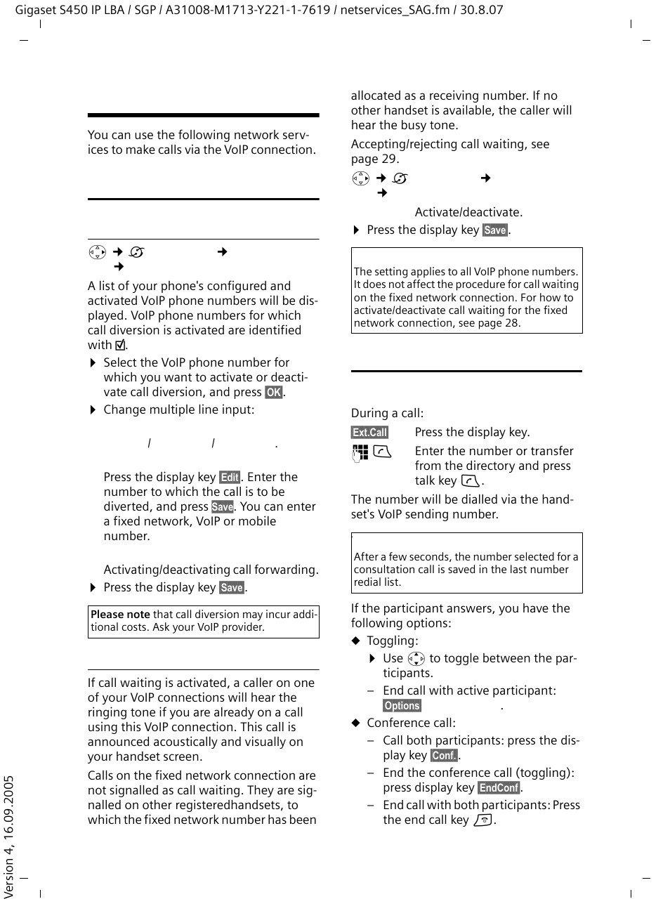 Network services - voip, Settings for all calls, General call forwarding | Activate/deactivate call waiting, Functions during a call, Network services – voip, Settings for all calls functions during a call | Siemens Gigaset S450 IP User Manual | Page 29 / 131