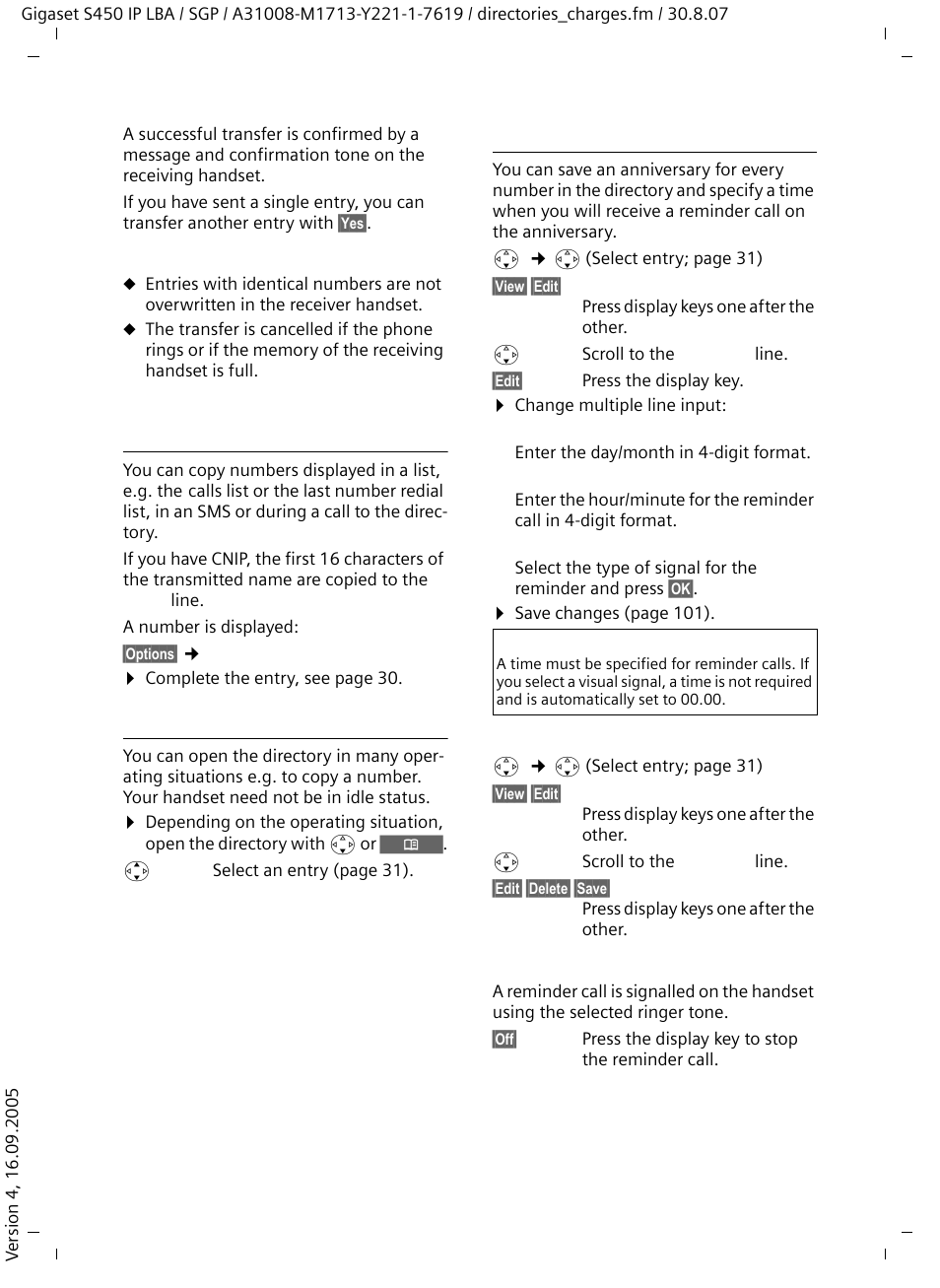 Copying a displayed number to the directory, Copying a number from the directory, Saving an anniversary in the directory | Siemens Gigaset S450 IP User Manual | Page 33 / 131