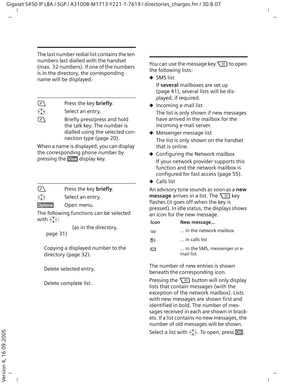 Last number redial list, Dialling from the last number redial list, Managing entries in the last number redial list | Opening lists with the message key | Siemens Gigaset S450 IP User Manual | Page 34 / 131