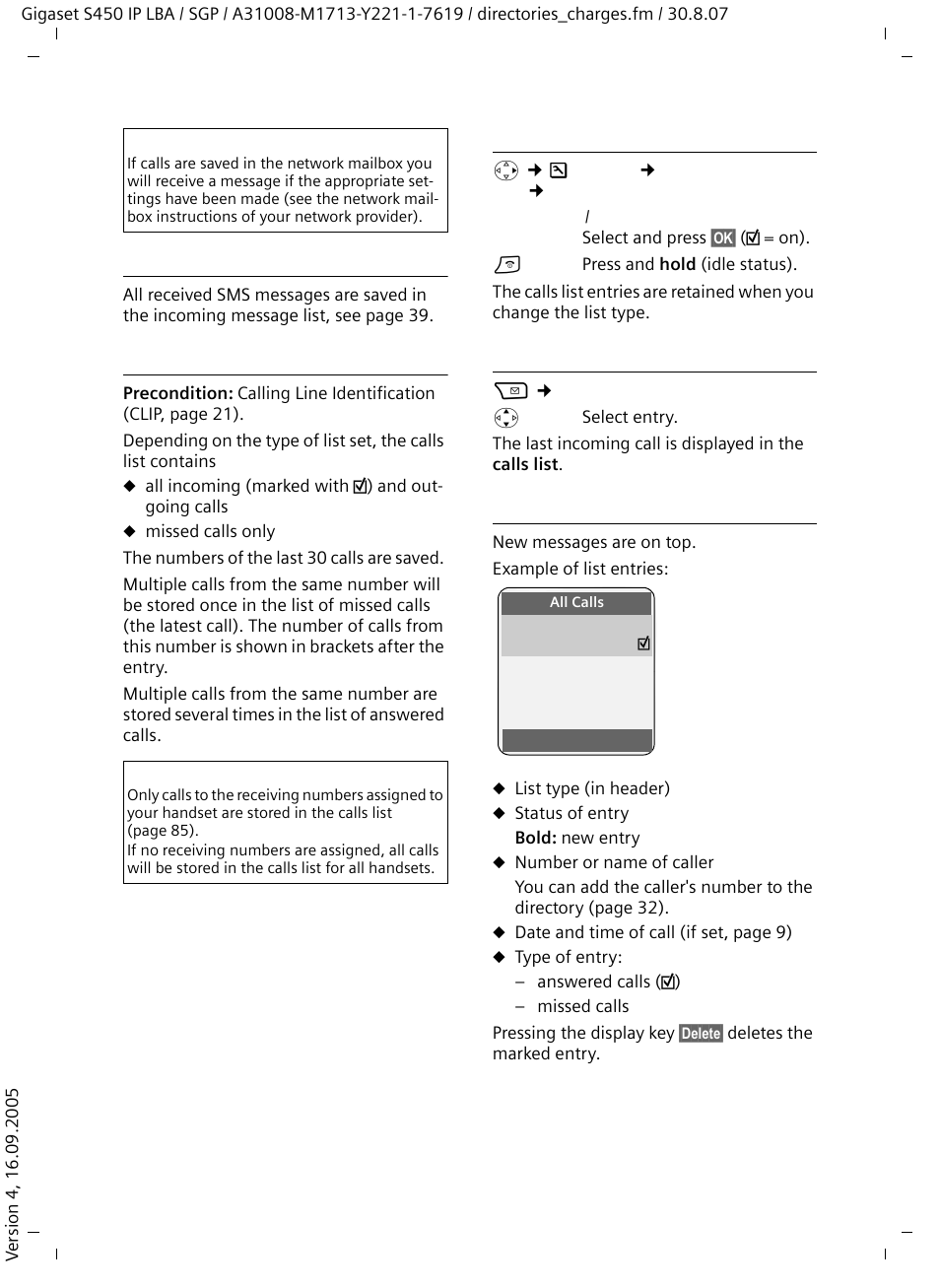 Incoming sms list, Calls list, Setting the calls list type | Opening the calls list, List entry | Siemens Gigaset S450 IP User Manual | Page 35 / 131
